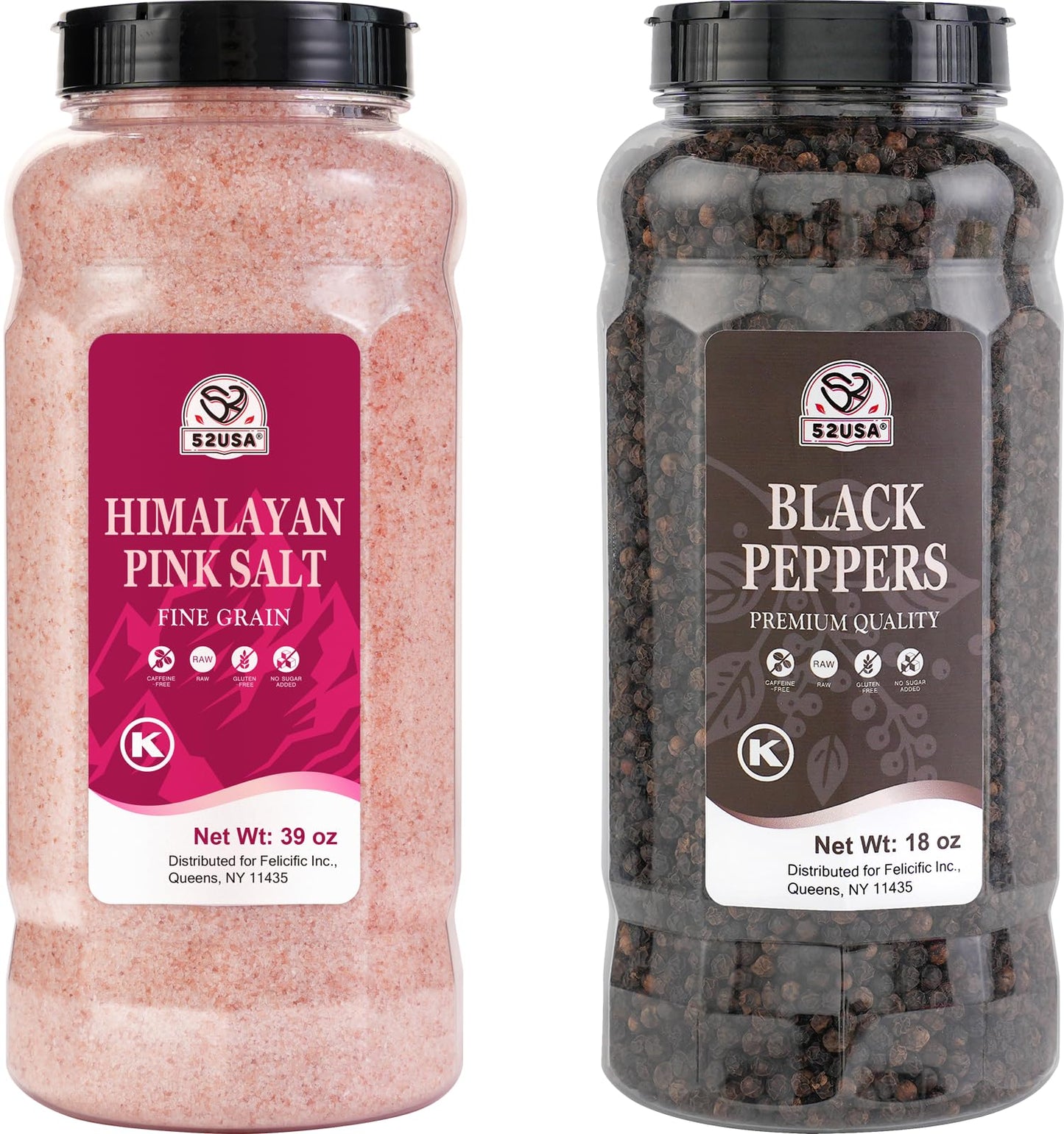 52USA Whole Black Peppercorns 18 oz + Himalayan Pink Salt (Fine Grain) 39 oz, Salt and Pepper Grinder, Black Peppercorn Refil, K