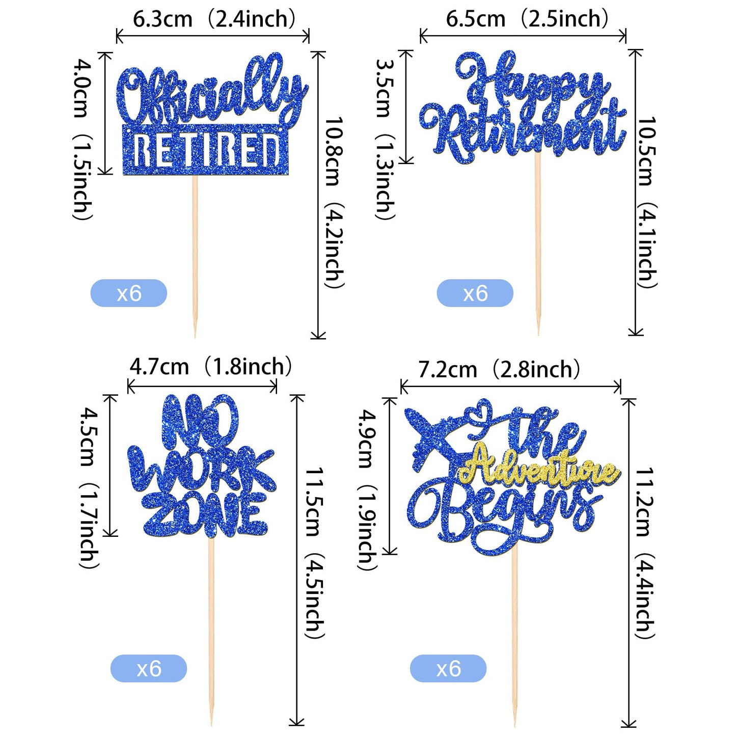 Rssta i Cupcake Toppers, 24 Pack Retirement Decoration, Glitter No Work Zone, Paper, 2.8 x 4.4 inches, Design 3 Blue