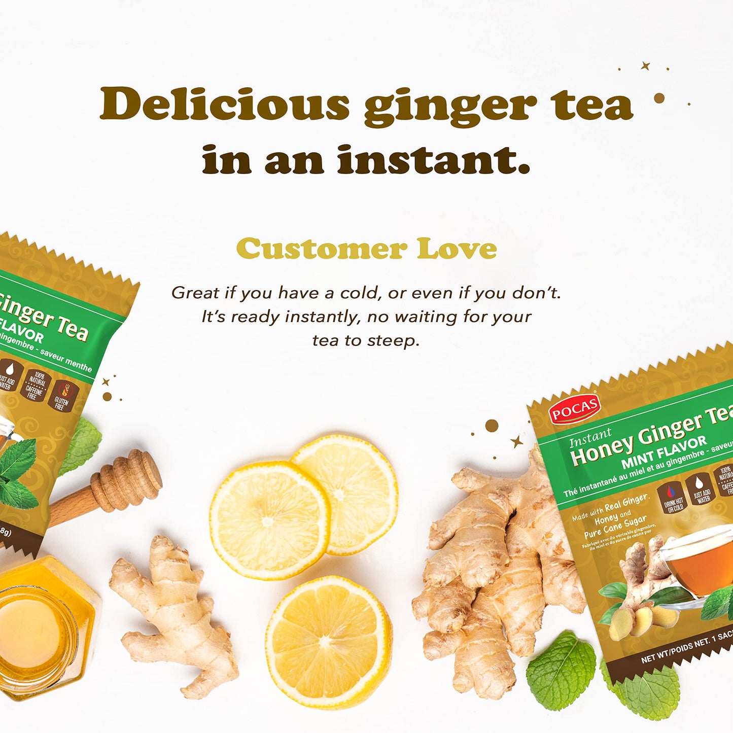 Pocas Honey Ginger Instant Tea Powder, Mint Flavor, Real Ginger Extract & Honey, Caffeine-Free Tea, 20 Packets