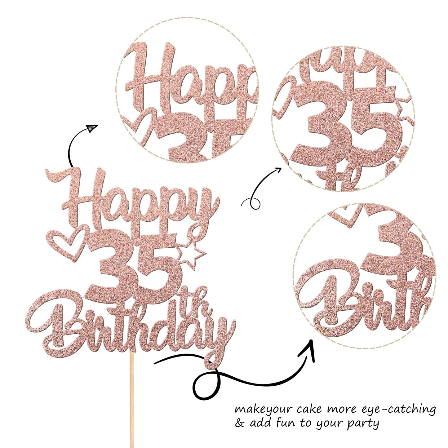 1 Pack Happy 35Th Birthday Cake Topper Glitter Heart Star 35 Fabulous Cake Pick Birthday Sign Cake Decorations For Children 35Th