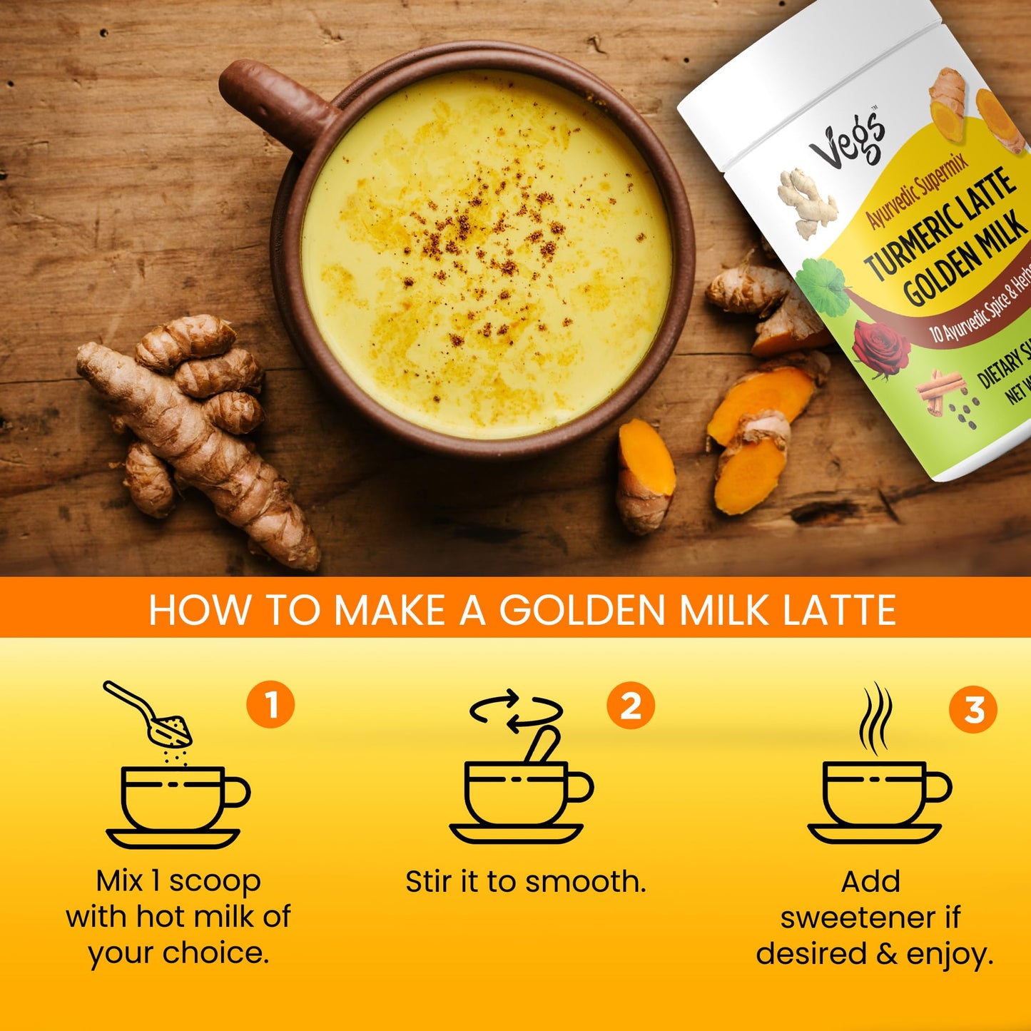 Vegs Turmeric Golden Milk Powder - Organic Ayurvedic Spice Mix with Turmeric, Ginger, Ashwagandha - 4 oz - Vegan, Sugar-Free, Non-GMO