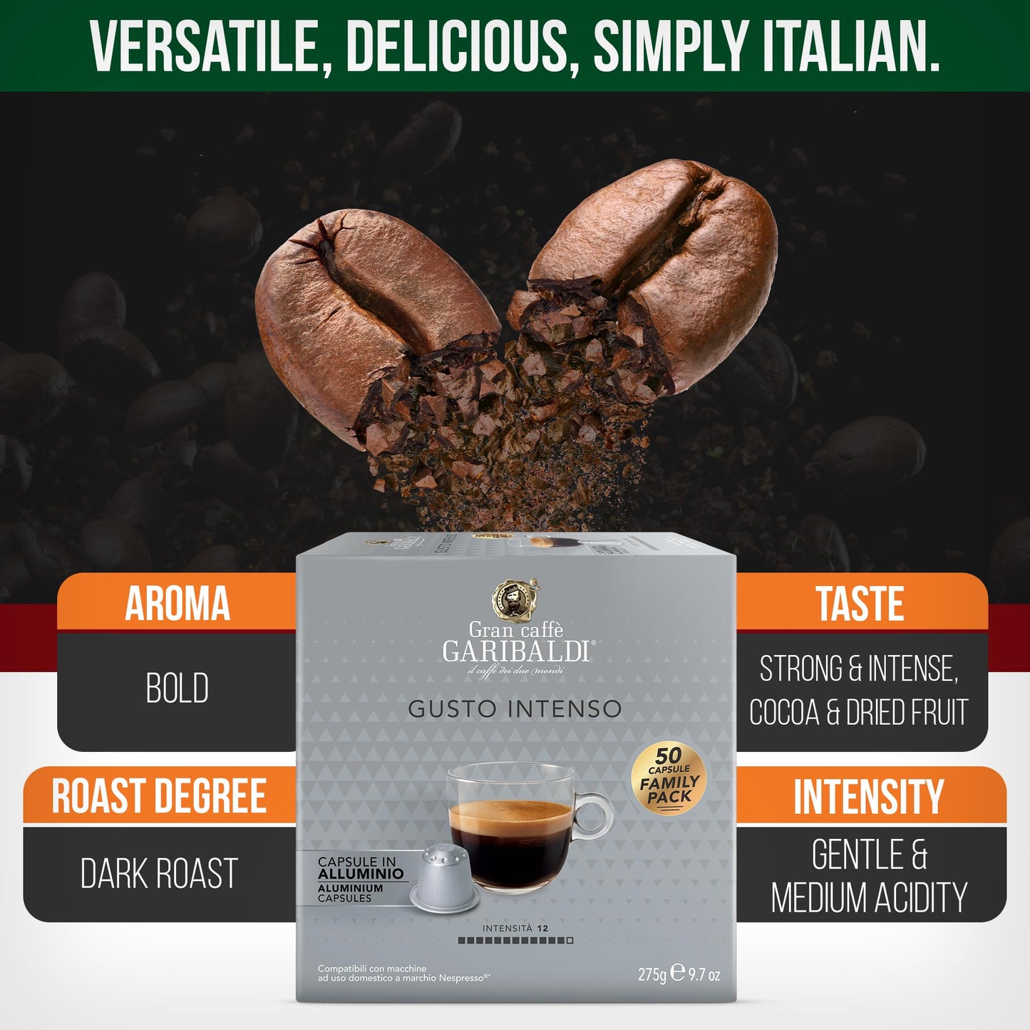 Caffè Garibaldi Espresso Pods, Dark Roast, Strong & Intense, Compatible Nespresso, 200 Cups, Aluminum