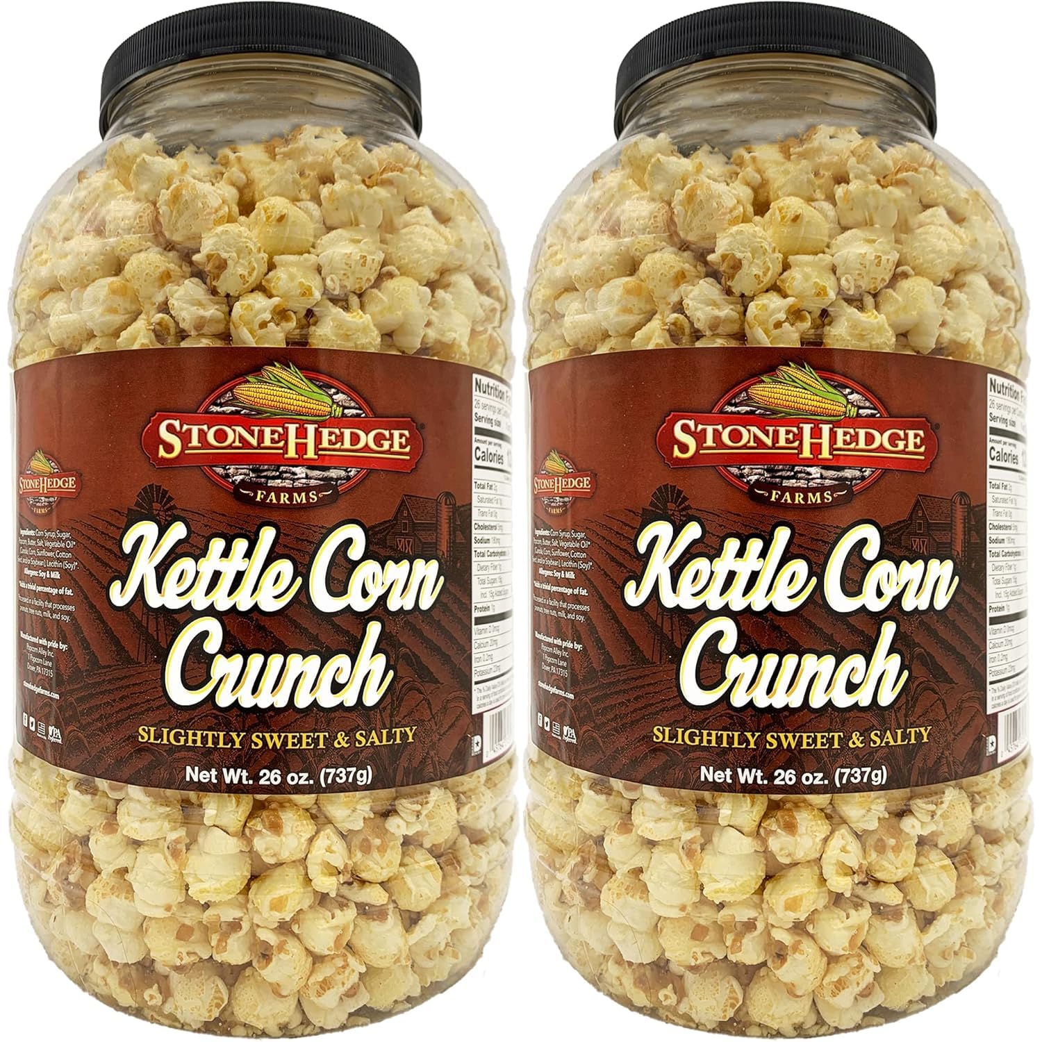 Stonehedge Farms Kettle Corn Crunch Popcorn | 26 oz (Pack of 2) Reclosable Barrels | Bulk Popped Gourmet Kettlecorn | Made in US