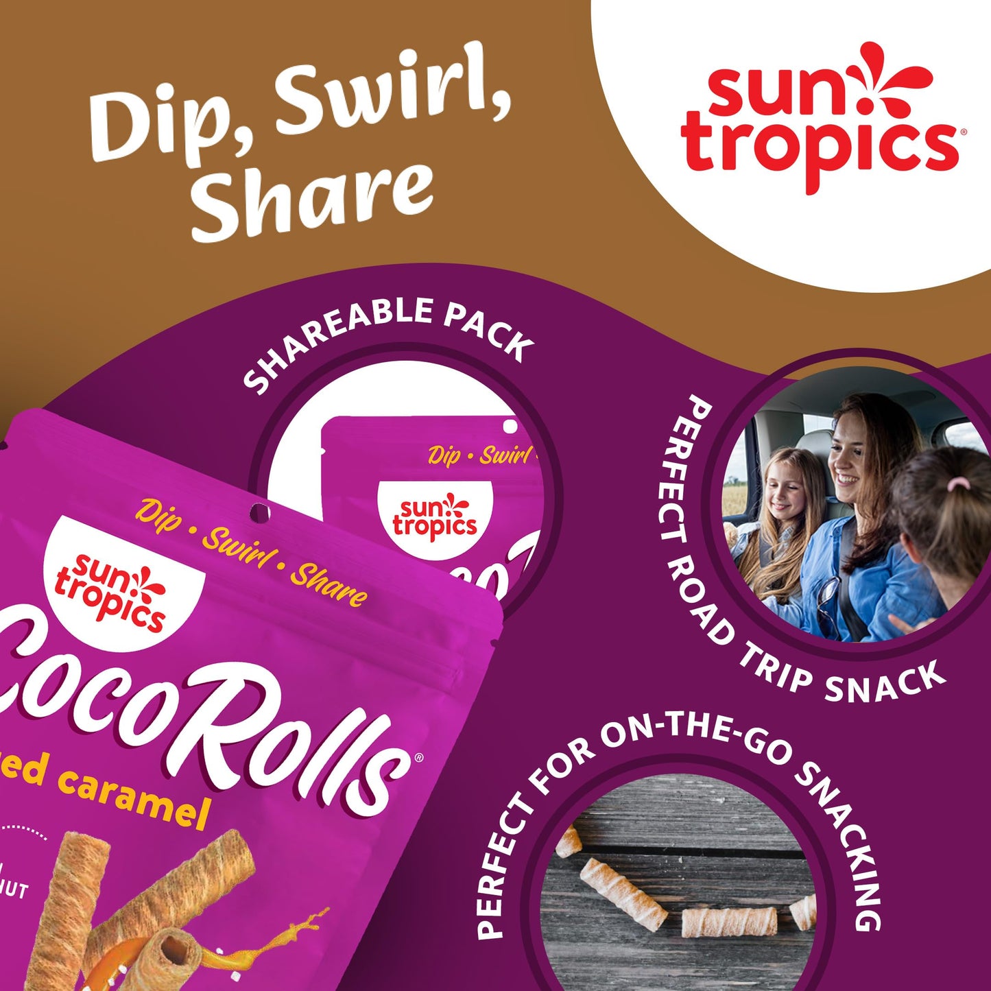 Sun Tropics Cocorolls Salted Caramel, Gluten Free, Dairy Free, Snack-Crisp Rolled Wafer Made With Pure Coconut Cream, 6 Count