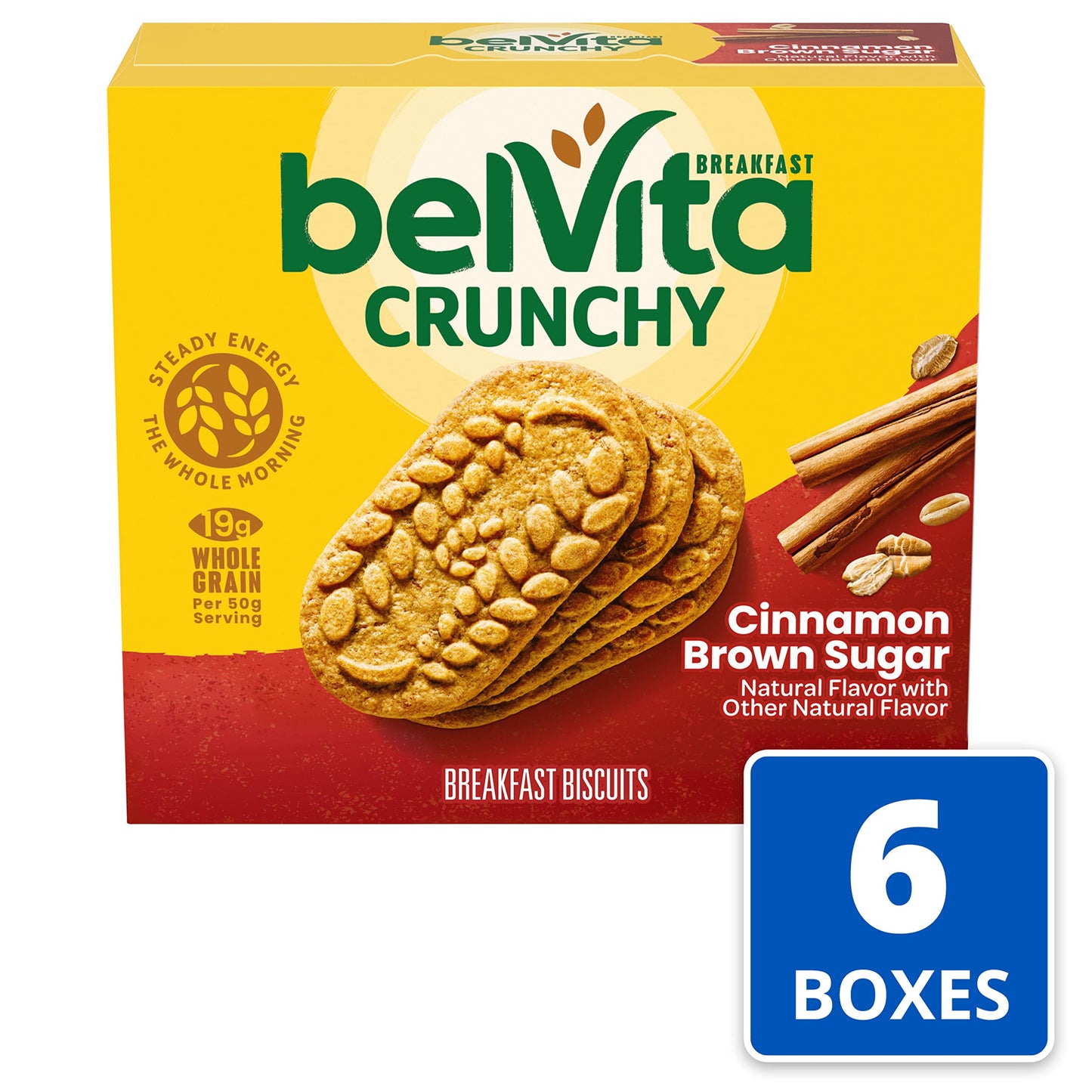 belVita Cinnamon Brown Sugar Breakfast Biscuits, 30 Total Packs, 6 Boxes (4 Biscuits Per Pack)