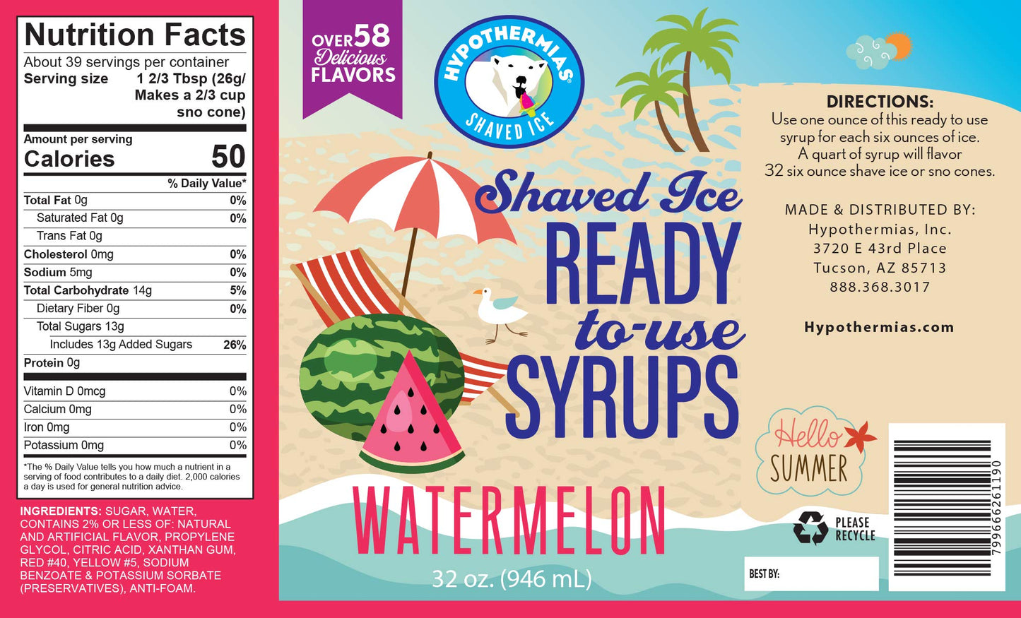 Hypothermias Shaved Ice & Snow Cone Syrup - Bpa-Free Recyclable Plastic Bottle Quart (32 Fl. Oz) - Watermelon - Non-Gmo 100% Pur