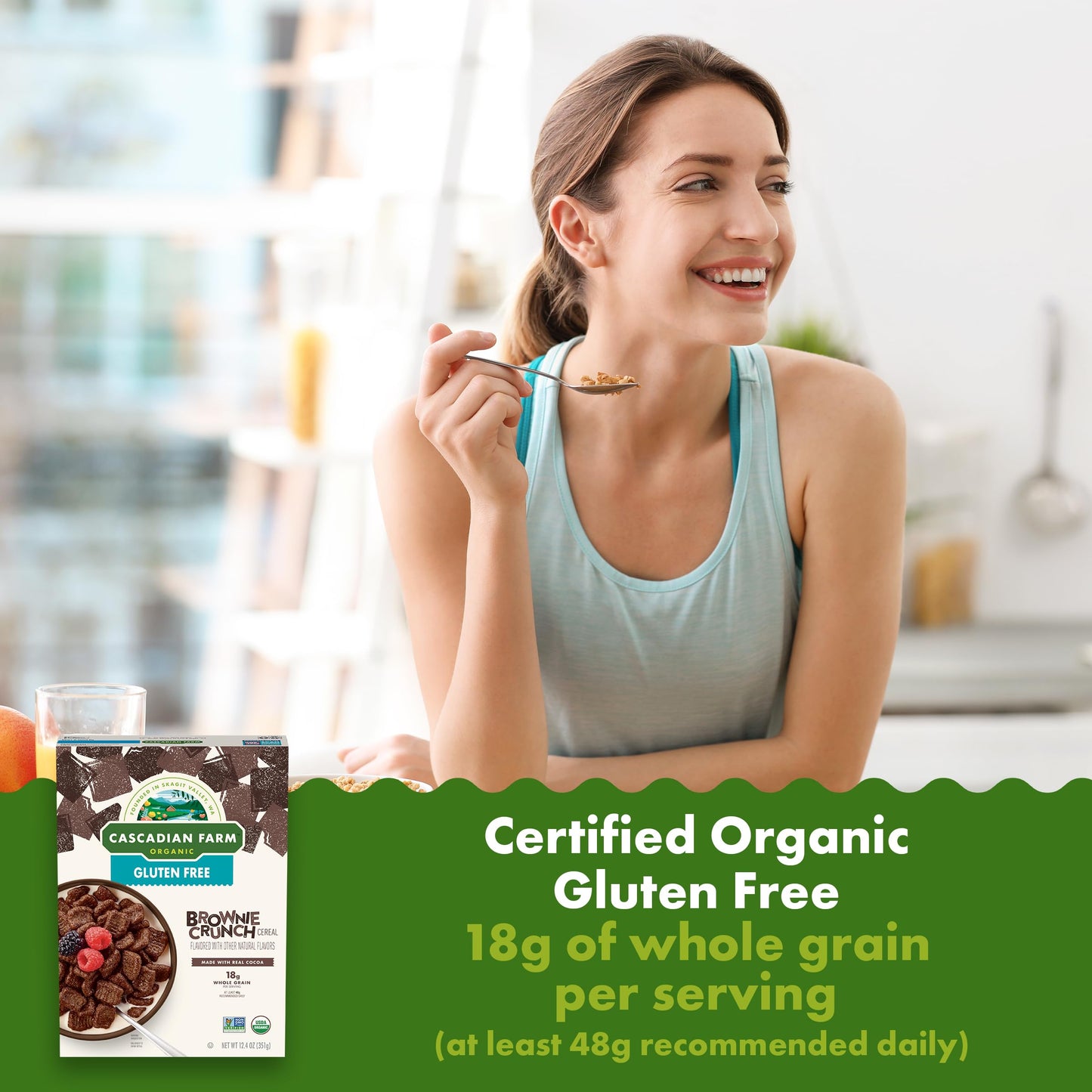 Cascadian Farm Organic Brownie Crunch Breakfast Cereal, Gluten Free, Made With Real Cocoa And Whole Grain, 12.4 Oz