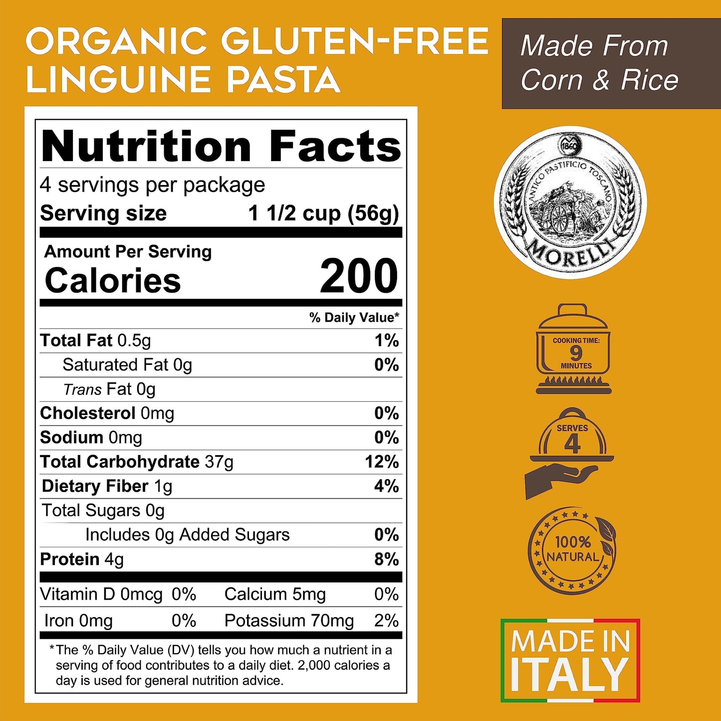 MORELLI Organic Gluten Free Linguine Pasta, Vegan Corn Noodles, 8.8 oz (Pack of 2), Yellow, Imported from Italy