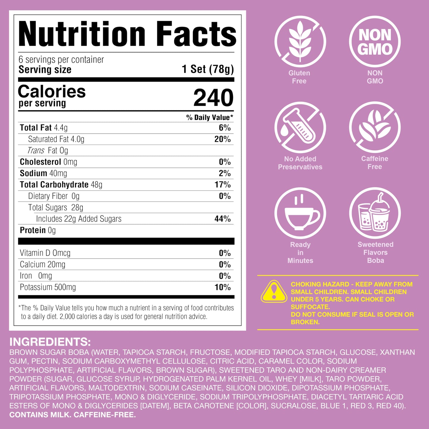 J WAY Instant Boba Taro Milk Tea Kit - Authentic Brown Sugar Tapioca Boba, 16.5 Ounce, 6 Servings, Paper Straws Included