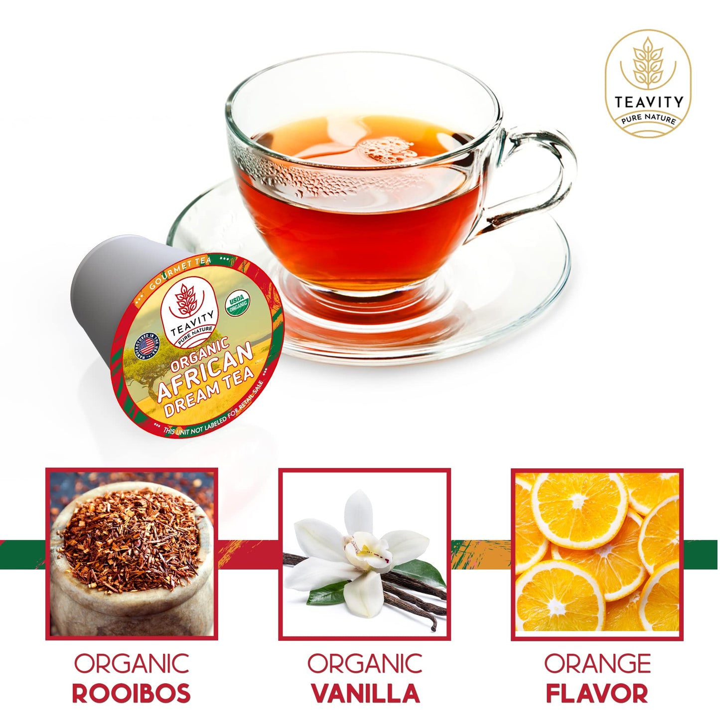 Organic Rooibos Tea Pods With Vanilla & Orange - Naturally Decaf Tea - African Dream By Teavity (36 Tea Pods)