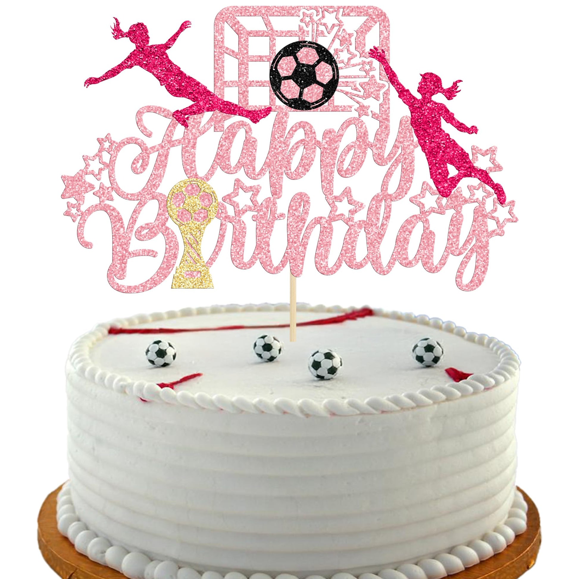 Ephlyn Soccer Birthday Cake Toppers - Glitter Cupcake Picks for Sports Theme, Pink, 8.5 cm x 12 cm