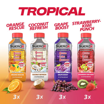 SueroX Sugar-Free Sports Drink, Electrolyte Hydration with 8 Ions, 12 Pack, 21.3 Fl Oz Each, Tropical Flavor