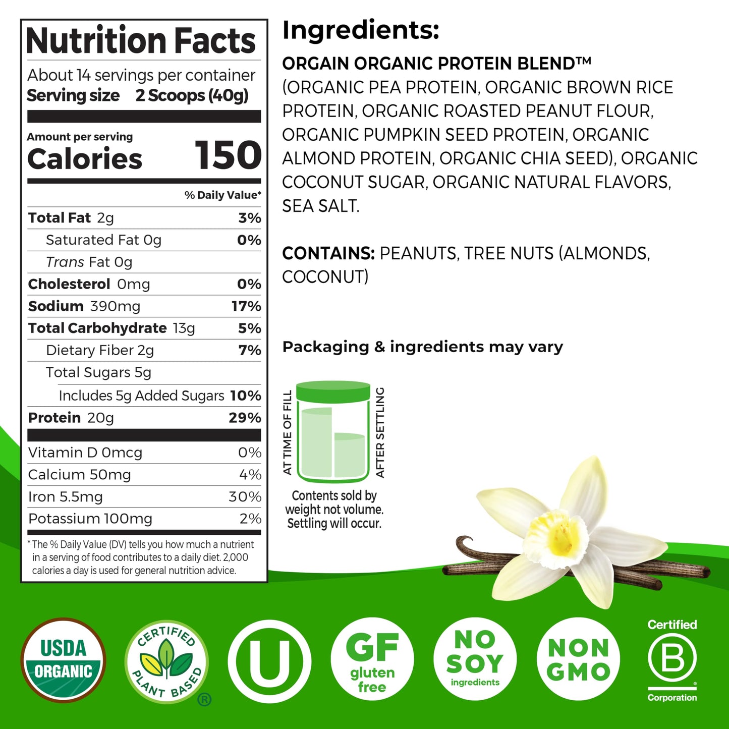 Orgain Organic Vegan Protein Powder, 20g Plant Based Protein, Gluten Free, Vanilla, 15 Servings, Model 0851770007481
