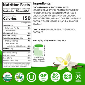 Orgain Organic Vegan Protein Powder, 20g Plant Based Protein, Gluten Free, Vanilla, 15 Servings, Model 0851770007481
