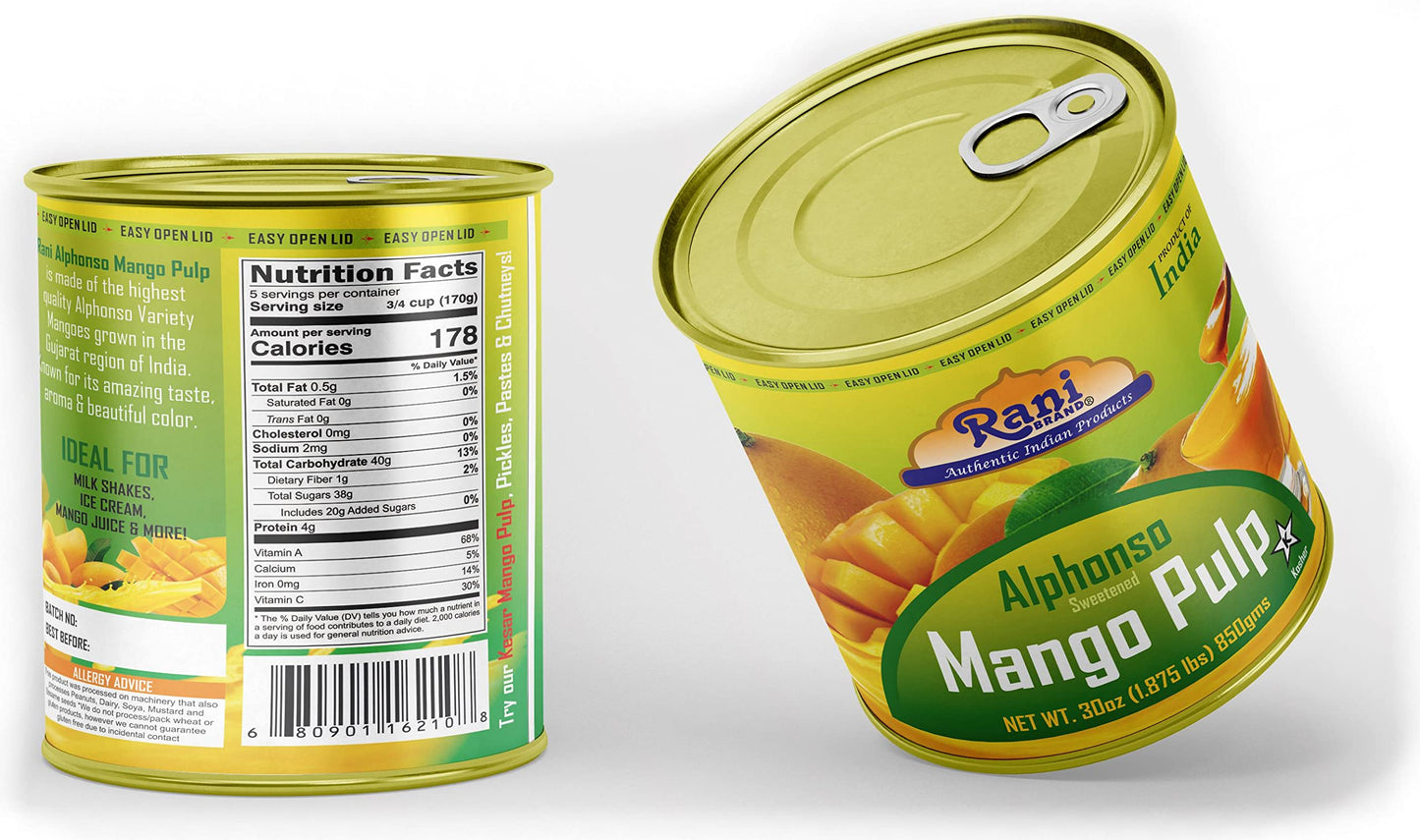 Rani Mango Pulp Puree (Makes Mango Lassi Shakes) Alphonso Sweetened 30Oz (1.875Lbs) 850G Pack Of 2 ~ Kosher | All Natural | Non-Gmo | Vegan | No Colors | Gluten Friendly | Indian Origin