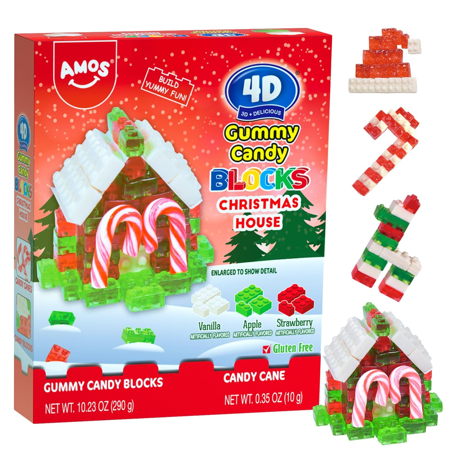 Amos 4D Christmas Candy Gummy Blocks  Edible Blocks Christmas House With Candy Canes  Fruit Snacks Gluten Free  Xmas-Themed Stocking Stuffer  10.58Oz Pack (Random Packing)