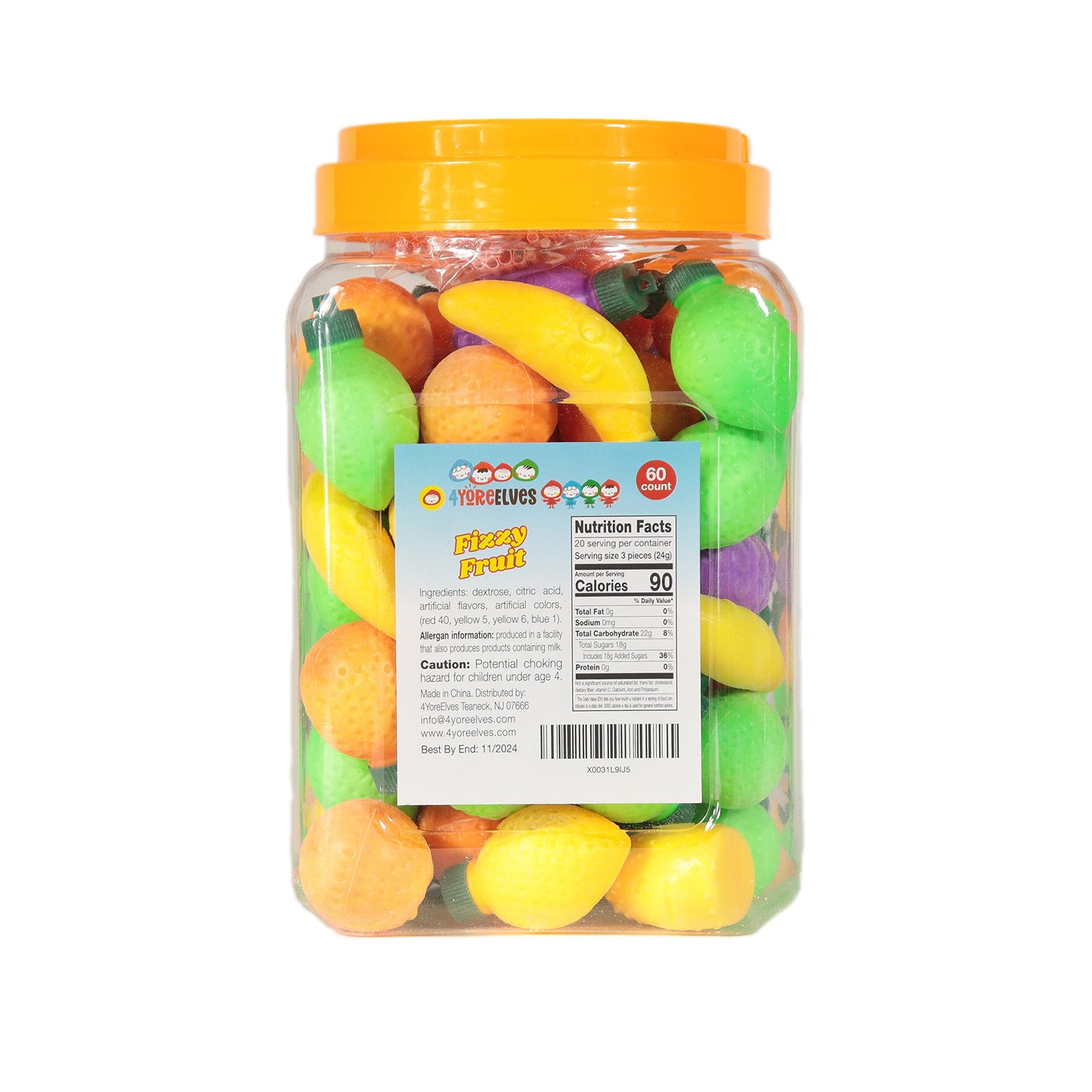 60 Fruit Shaped Fizzy Candy Powder, With Hanging Hole Caps For Decorative Stringing, Fun And Unique 90S Retro Candy, Gluten Free