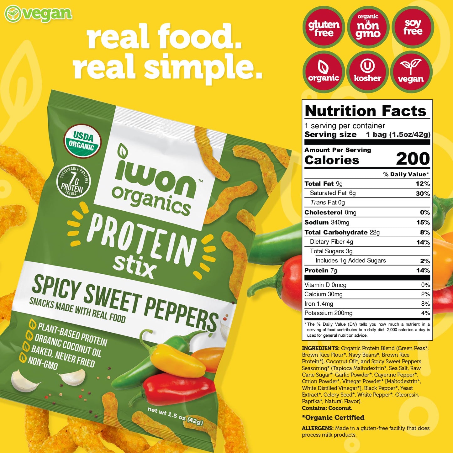 IWON Organics Spicy Sweet Pepper Flavor Snack Stix, High Protein and Organic Healthy Snacks, 8 Bags, 1.5 Ounce