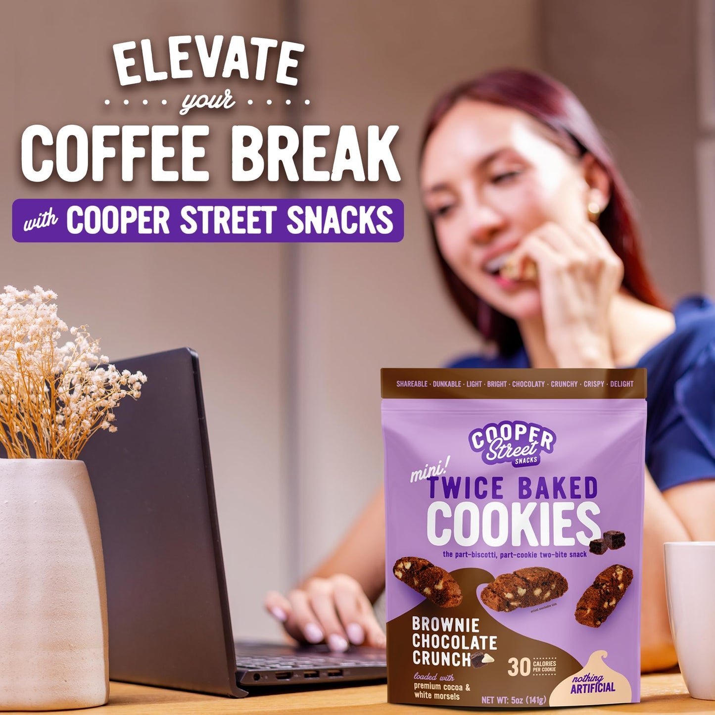 Cooper Street Cookies All Natural Twice Baked Crispy Cookie, Peanut & Dairy Free, Biscotti Style 5oz, Brownie Chocolate Crunch (