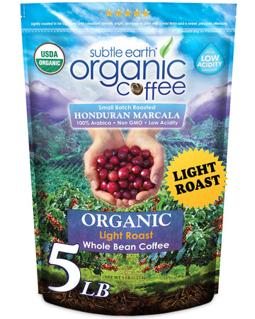 Subtle Earth Organic Coffee - Light Roast - Whole Bean Coffee - 100% Arabica Beans - Low Acidity And Non-Gmo - 5Lb Bag