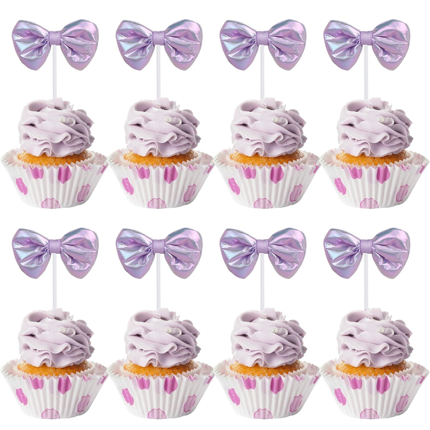 YCTHUNFISH 12 Pack Pink Bow Cupcake Toppers for Wedding, Bridal Shower, Birthday Party - Purple Paper Bowknot Decorations