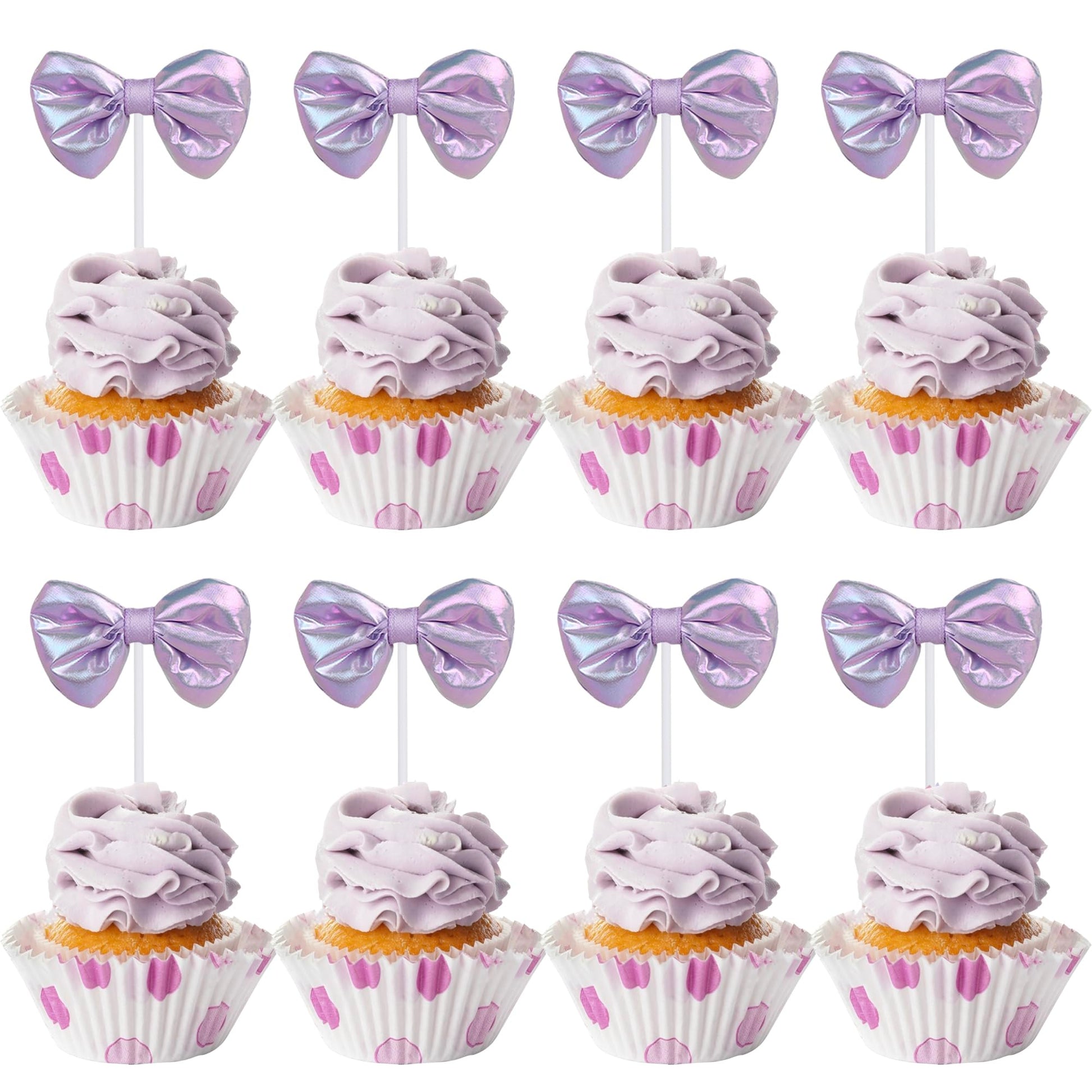 YCTHUNFISH 12 Pack Pink Bow Cupcake Toppers for Wedding, Bridal Shower, Birthday Party - Purple Paper Bowknot Decorations