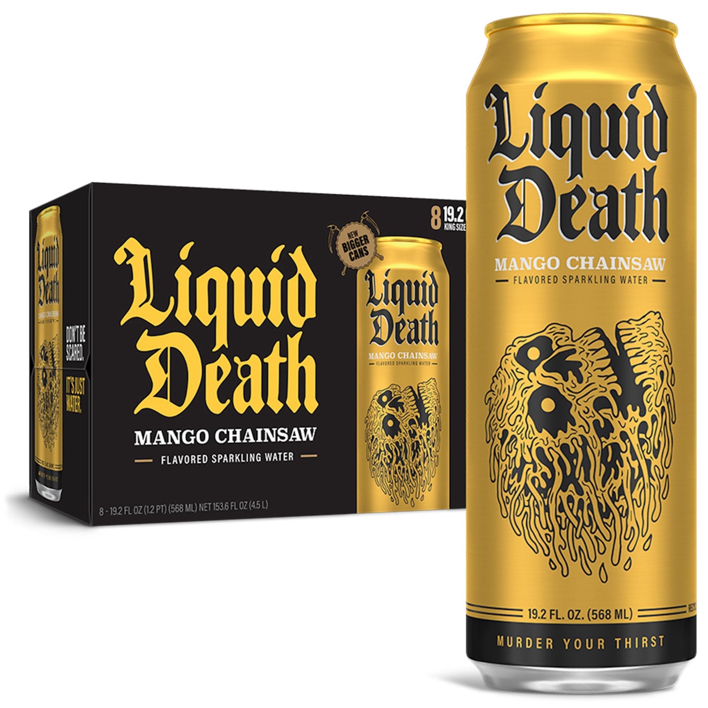Liquid Death  Mango Chainsaw  Mango-Flavored Sparkling Water  8-Pack (19.2Oz Cans)  Low Calorie & No Artificial Sweeteners