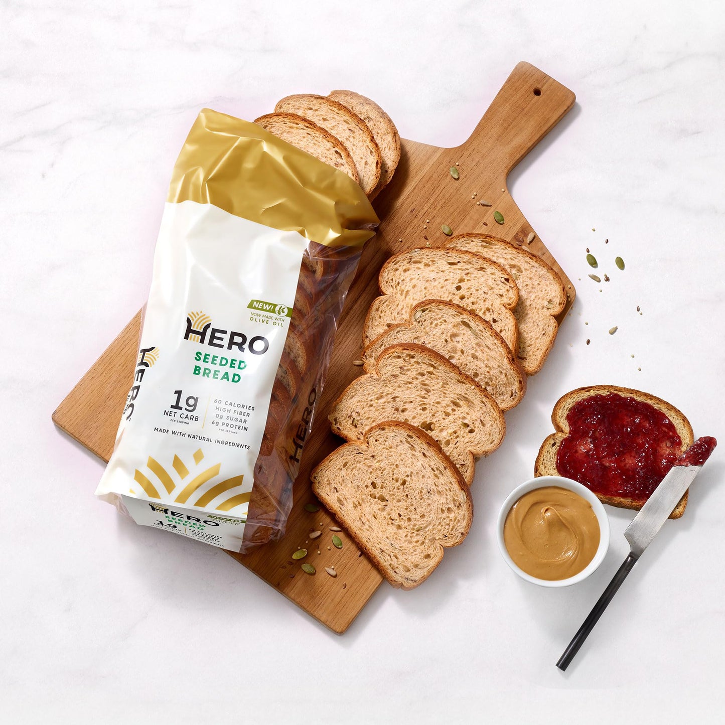 Hero Seeded Bread - Delicious Bread with 1g Net Carb, 0g Sugar, 60 Calories, 12g Fiber per Slice | Tastes Like Regular Bread | L