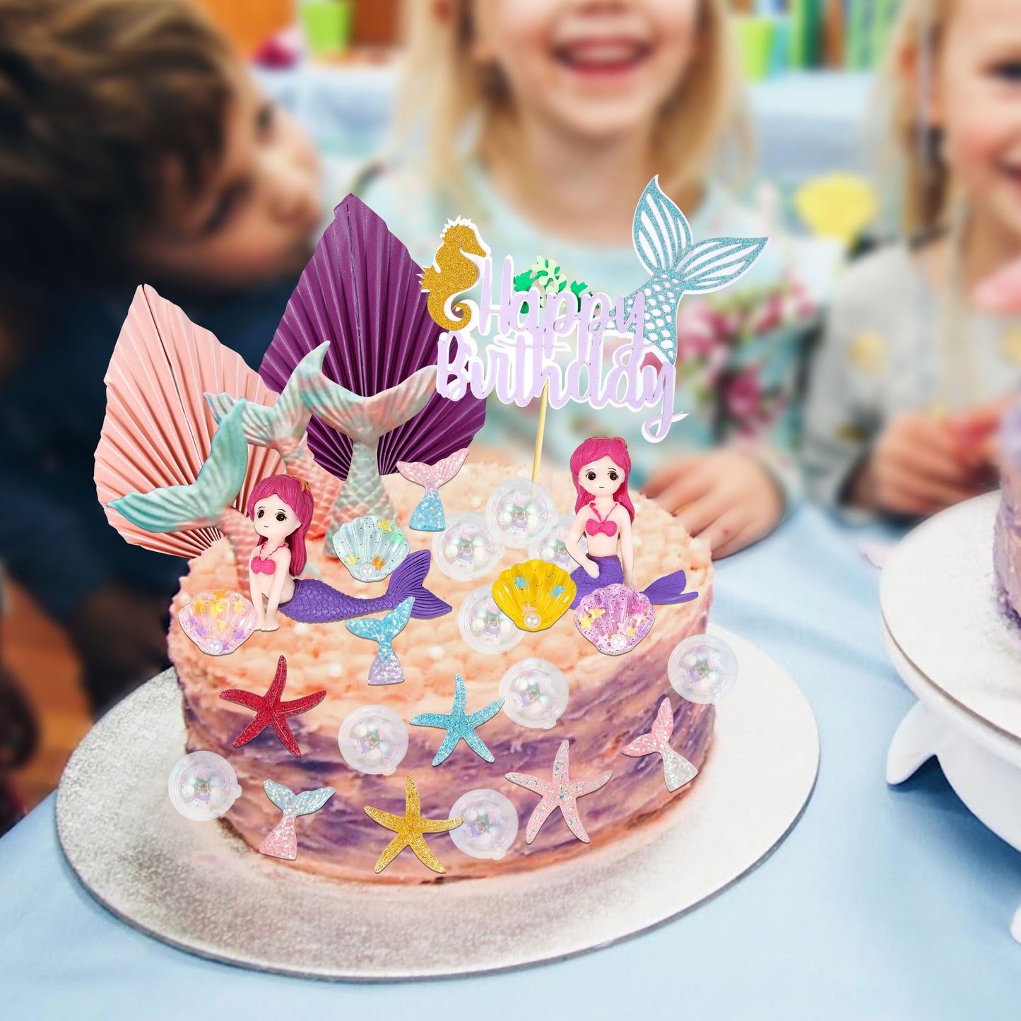 Gyufise 27Pcs Mermaid Under The Sea Cake Toppers Kit Little Resin 3D Mermaid Palm Leaves Bubble Starfish Shell Mermaid Tail Cupc