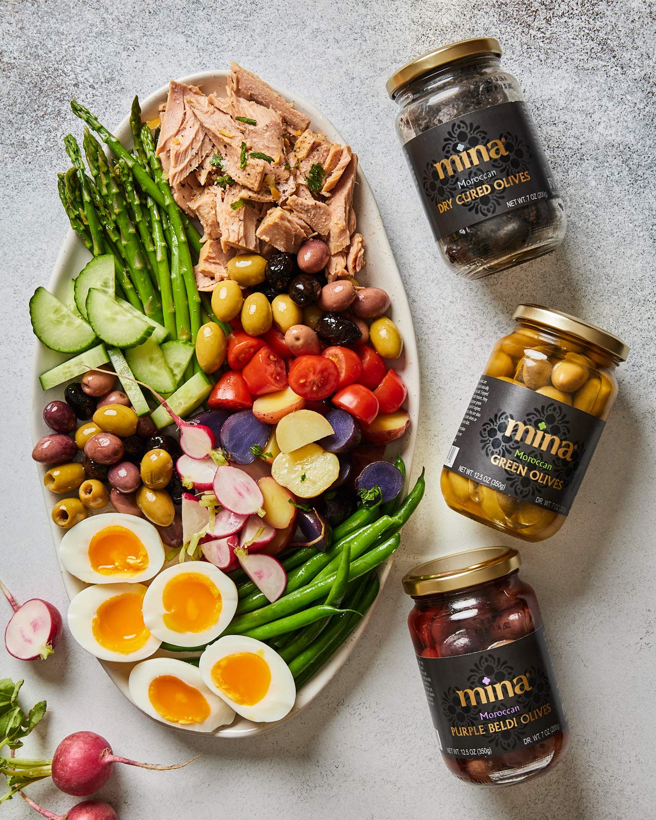 Mina Olive Mix - Premium Handpicked Purple Beldi & Green Olives, Keto Friendly, Gluten Free, 12.5 oz