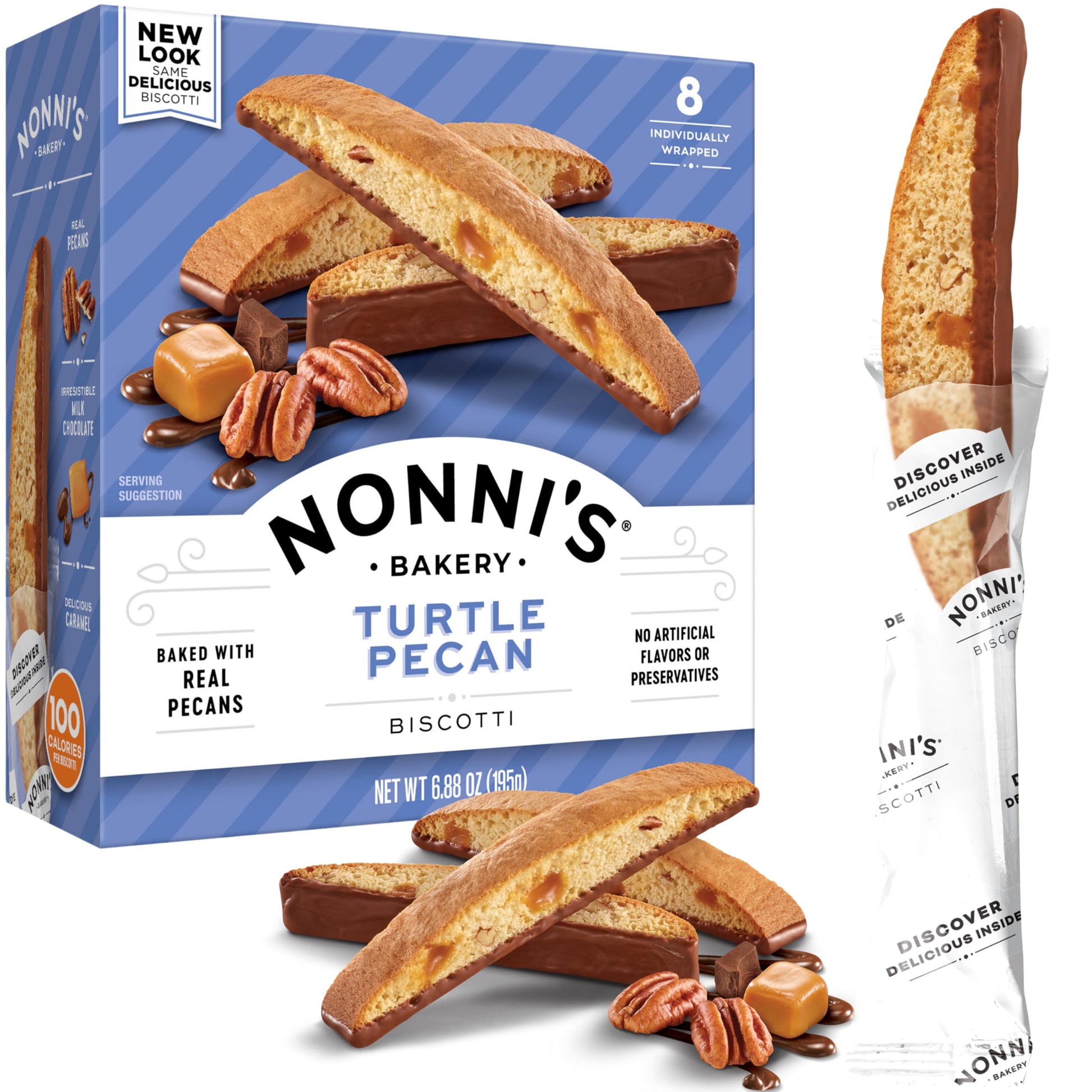 Nonni'S Turtle Pecan Biscotti Italian Cookies - Caramel Pecan Cookies Dipped In Milk Chocolate - Butter Pecan Biscotti Individua