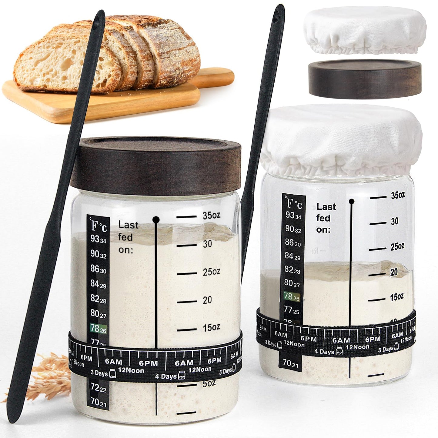 77L Sourdough Starter Kit - 35 oz Jar, Date Marker Band, Thermometer, Scraper, Cloth Cover, Acacia Wood Lid, 2 Pack
