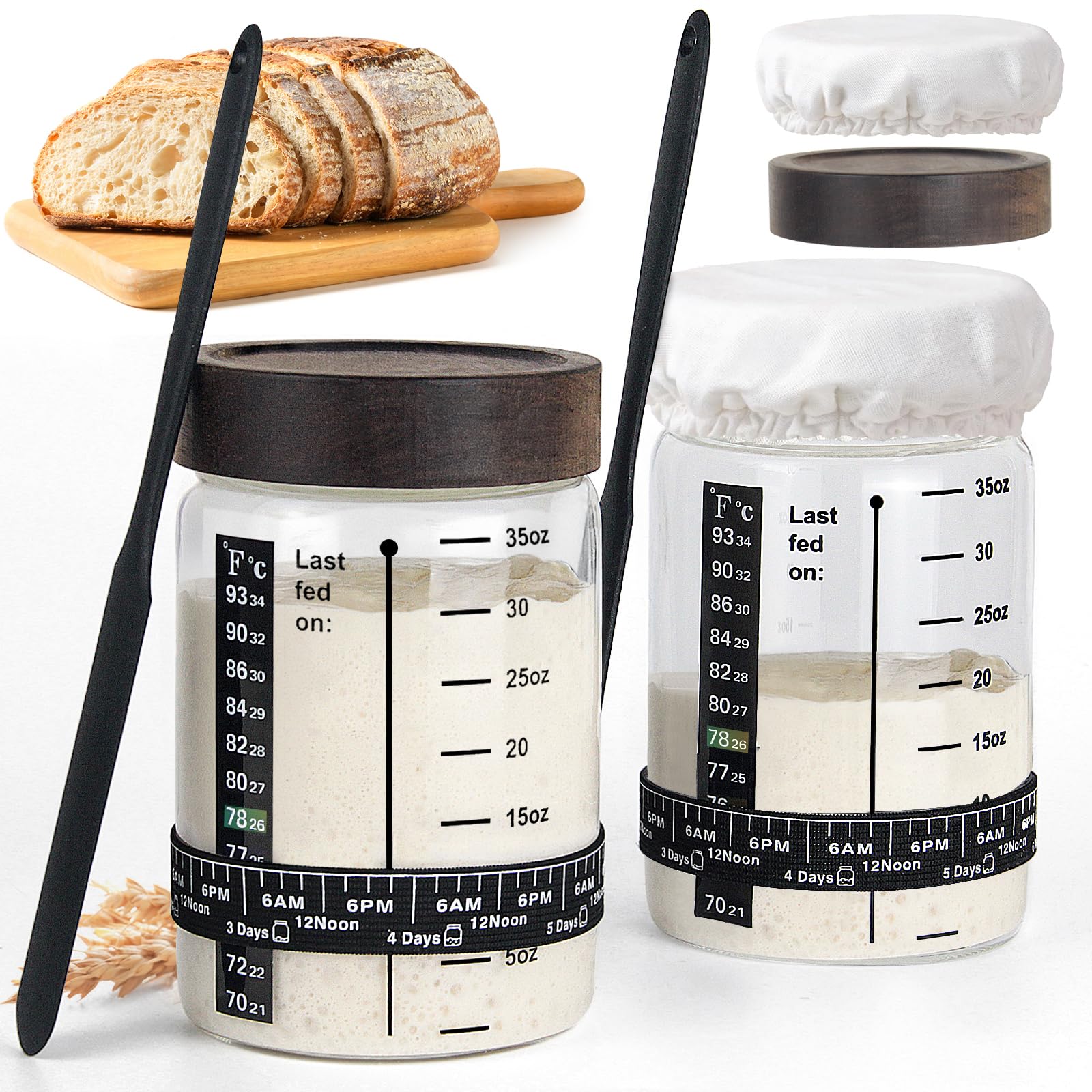 77L Sourdough Starter Kit - 35 oz Jar, Date Marker Band, Thermometer, Scraper, Cloth Cover, Acacia Wood Lid, 2 Pack