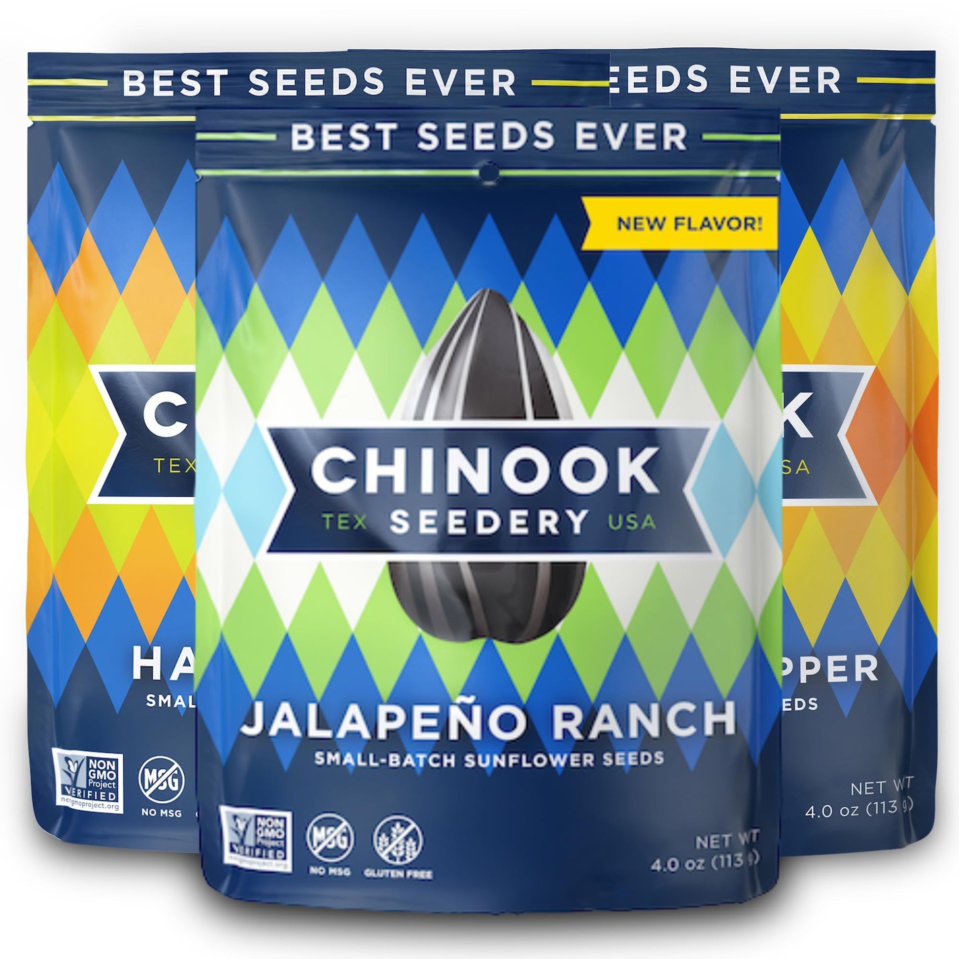 Chinook Seedery Roasted Sunflower Seeds, Jumbo Keto Snacks, Gluten Free, 4 oz (Pack of 3), Bring the Heat Variety Pack