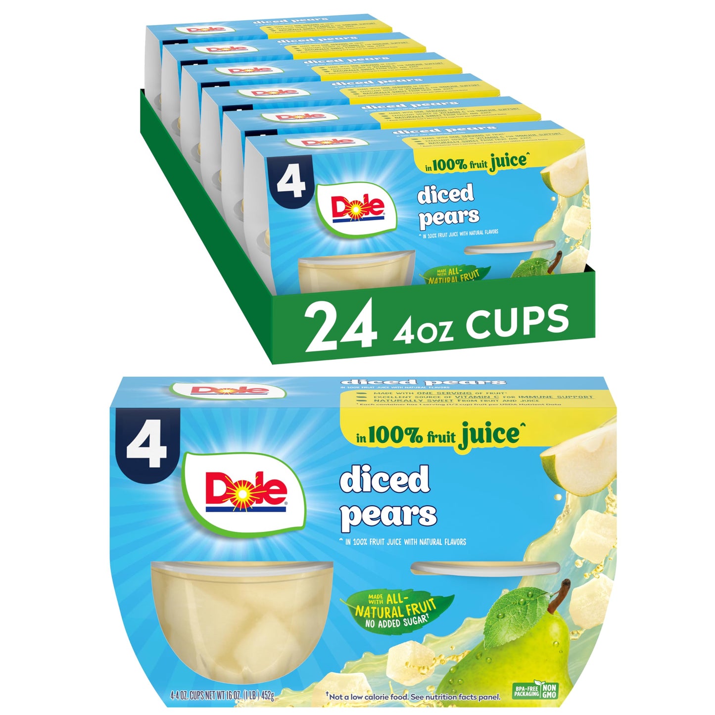 Dole Fruit Bowls Diced Pears in 100% Juice Snacks, 4oz 24 Total Cups, Gluten & Dairy Free, Bulk Lunch Snacks for Kids & Adults