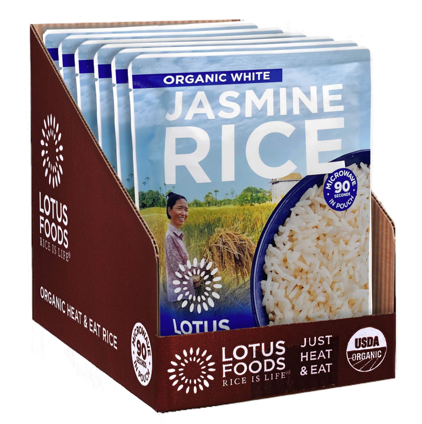 Lotus Foods Organic White Jasmine Rice Heat & Eat Pouch - Gluten Free White Rice, Organic Rice, Instant Microwave Jasmine Rice, Microwavable Pre Cooked Rice - 8 Oz (Pack Of 6)