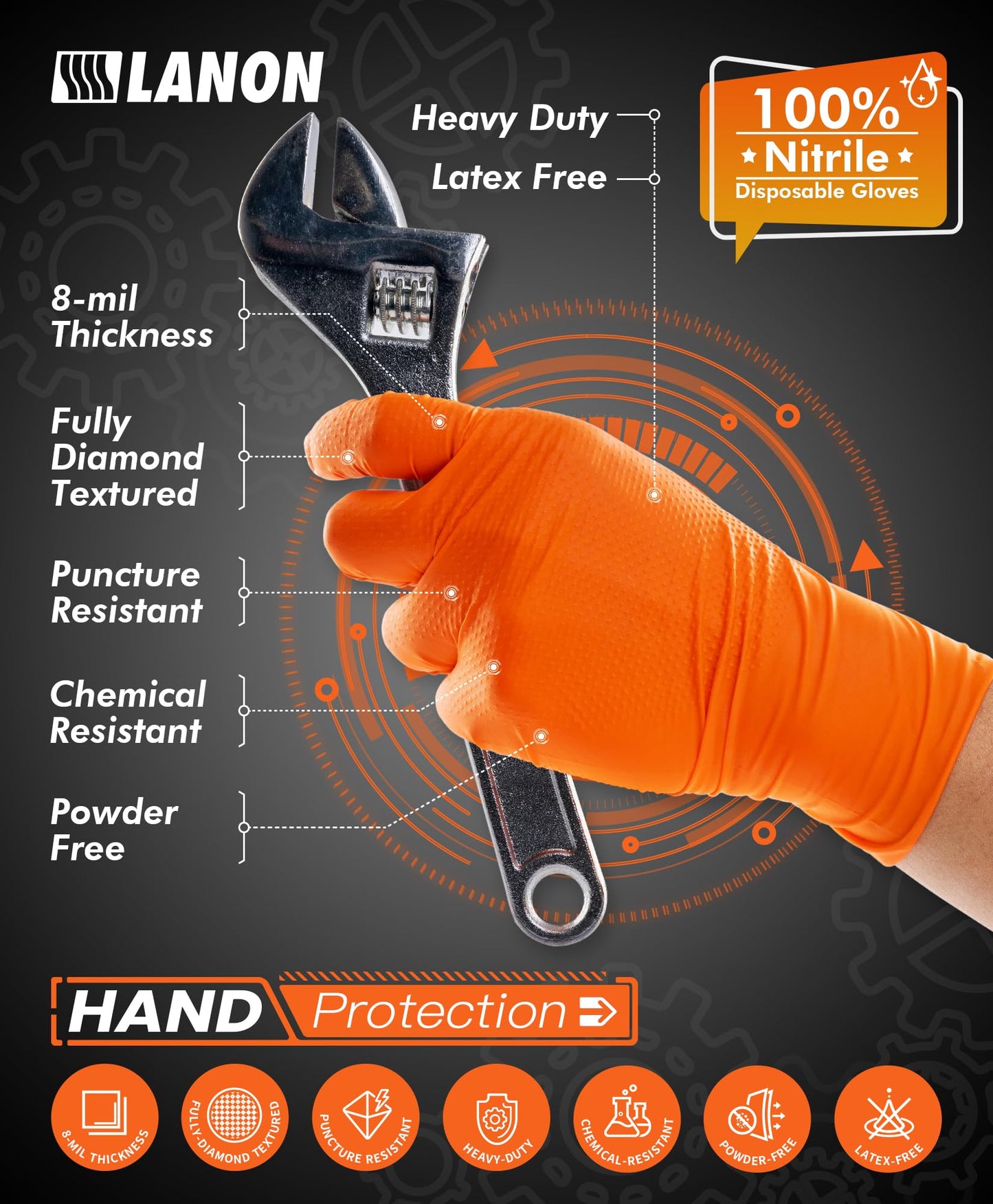 Lanon 8Mil Orange Disposable Nitrile Gloves, Mechanic, Heavy Duty, Food Safe, Latex Free, Powder Free, Fully-Diamond Textured, X