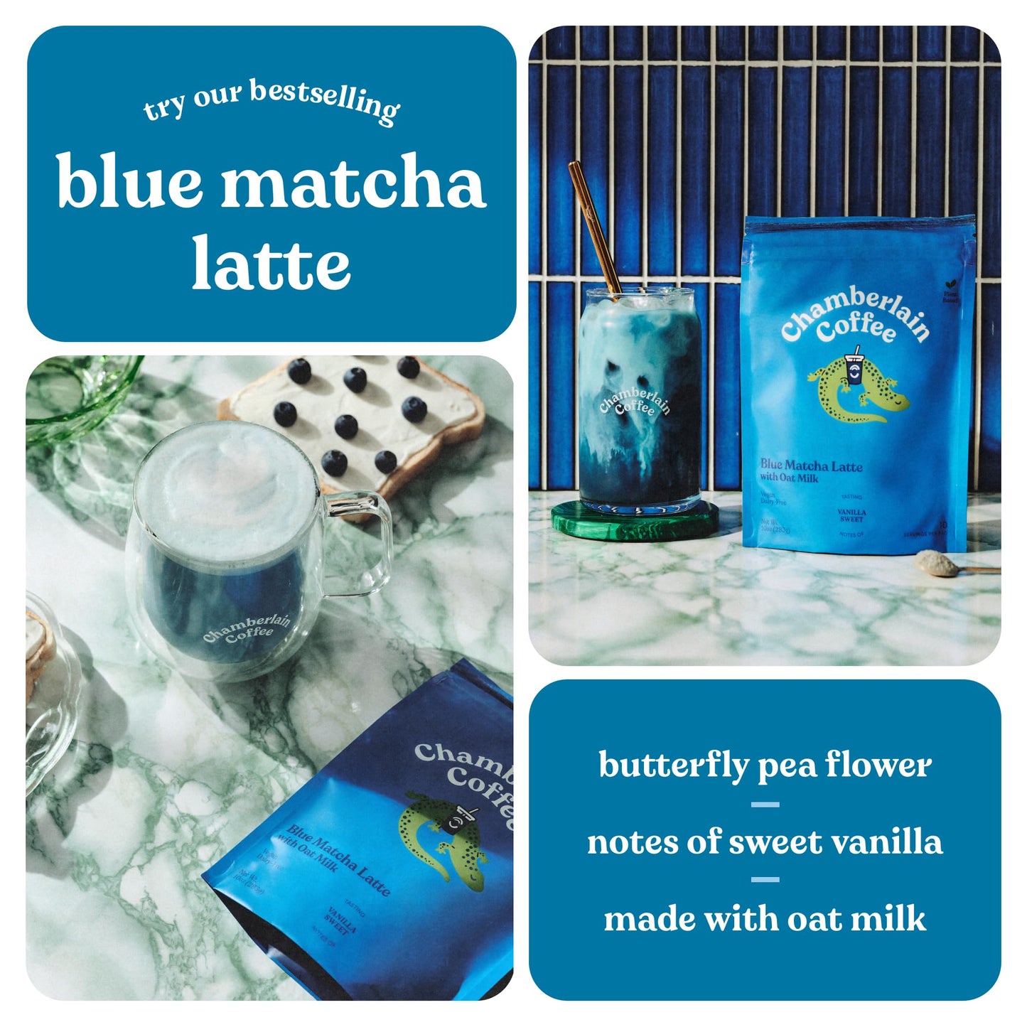 Chamberlain Coffee Blue Matcha Latte - Vegan Matcha Latte With Oat Milk - Antioxidant Rich, Blue Butterfly Pea Flower + Japanese
