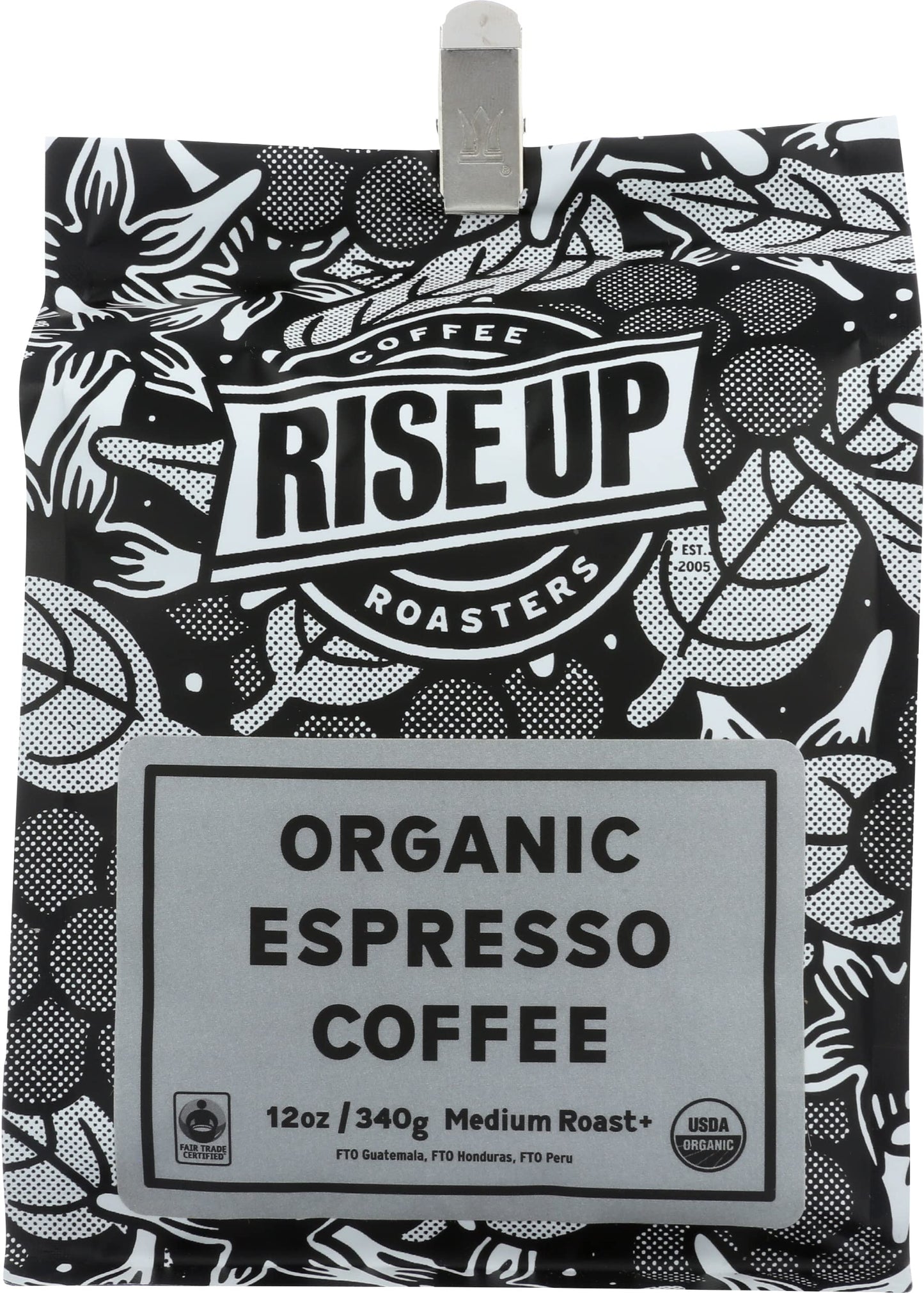 RISE UP COFFEE ROASTERS Organic Espresso Whole Bean Coffee, 12 oz, Fair Trade Certified