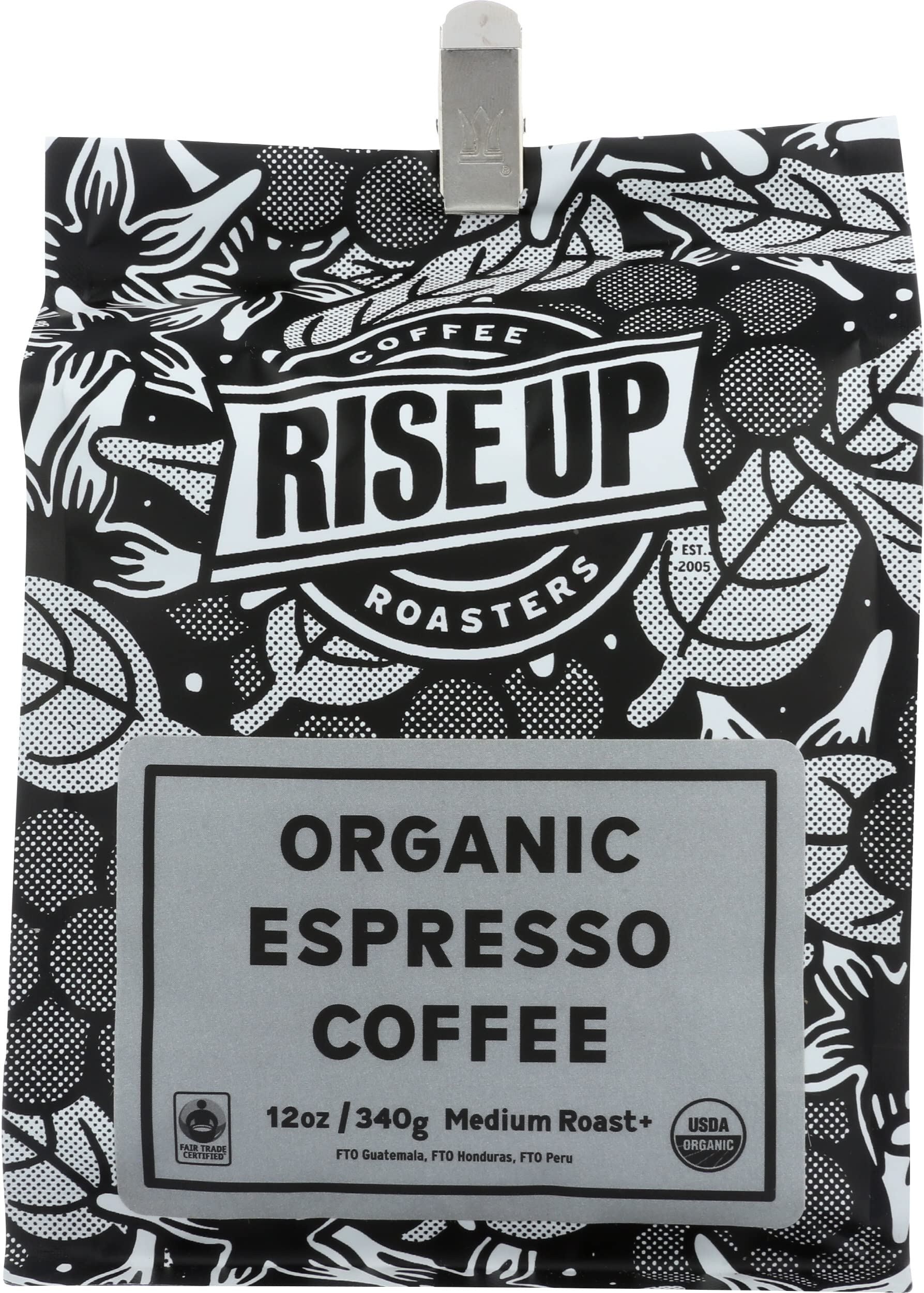RISE UP COFFEE ROASTERS Organic Espresso Whole Bean Coffee, 12 oz, Fair Trade Certified