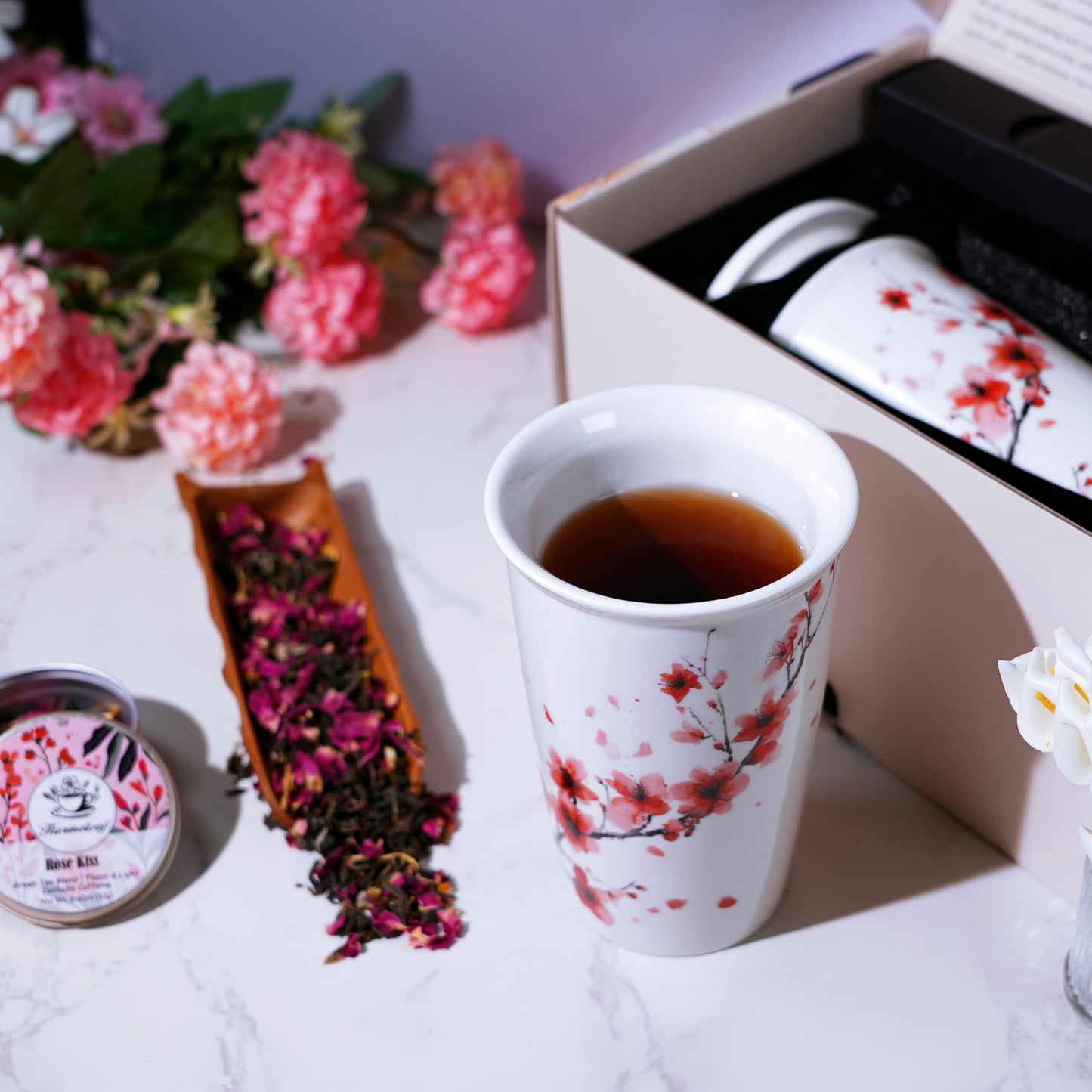 Harmoleaf Tea Gift Set for Women - 6 Herbal Loose Leaf Tea Blends  Insulated Ceramic Cup with Infuser & Lid | Birthday  Mothers Day  Anniversary & Retirement Gift for Her