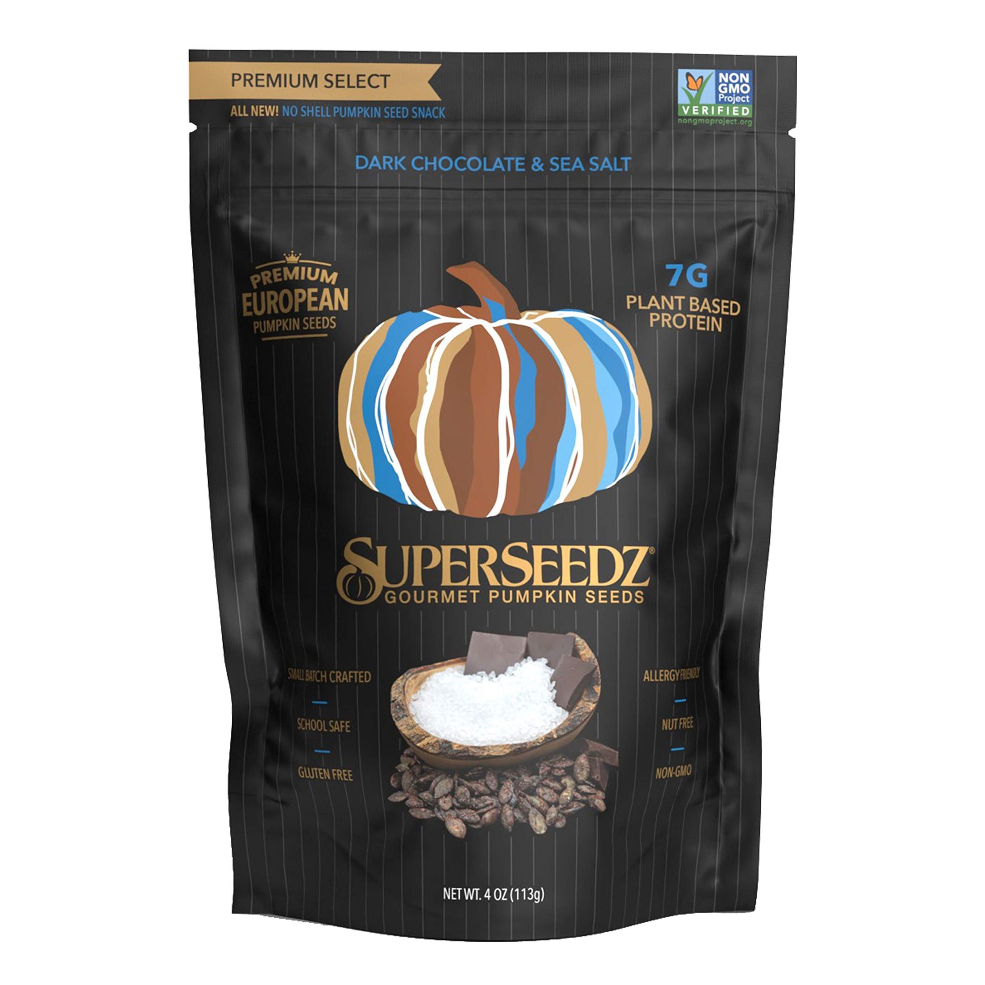SuperSeedz Dry Roasted Pumpkin Seeds, Dark Chocolate & Sea Salt, 4oz, Vegan, Keto, Nut Free, Gluten Free Snack