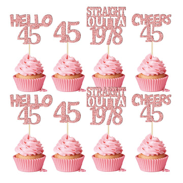Gyufise 24Pcs Cheers To 45 Years Birthday Cupcake Toppers Glitter Forty-Five Straight Outta 1978 Cupcake Picks Happy 45Th Cake D