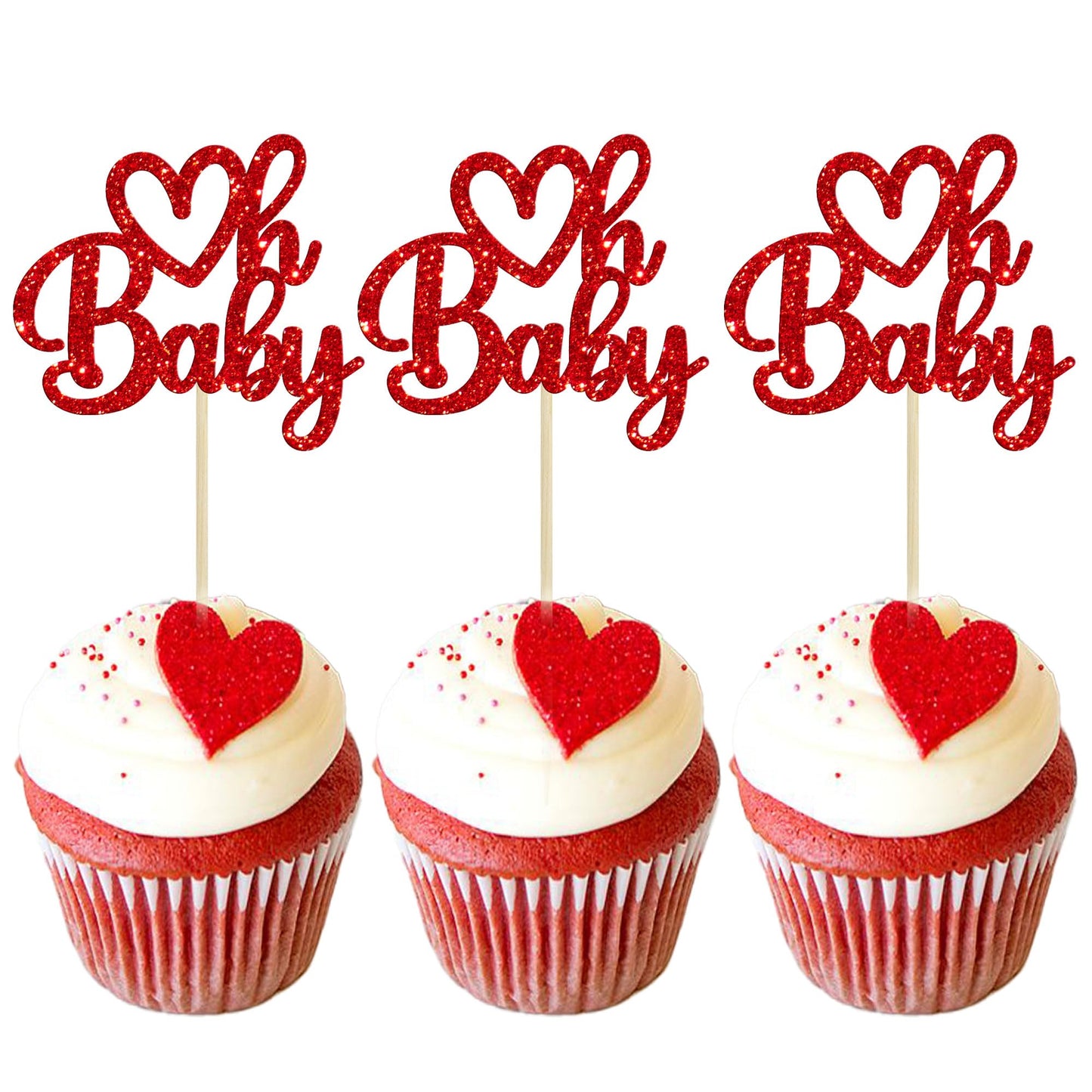 Gyufise 24 Pack Red Glitter Valentine Oh Baby Cupcake Toppers Valentine Day Cake Toppers Baby Shower Cupcake Picks For Valentine Theme Boys Girls Birthday Party Cake Decorations