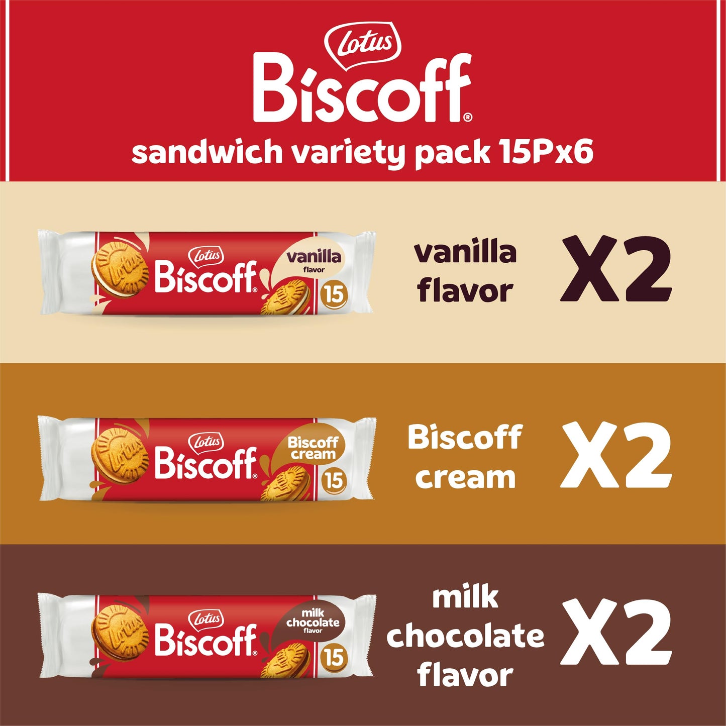 Lotus Biscoff Sandwich Cookies, Variety Pack, Biscoff Cream/Vanilla Cream/Milk Chocolate Cream, 15 Cookies per pack, 5.29 Ounces