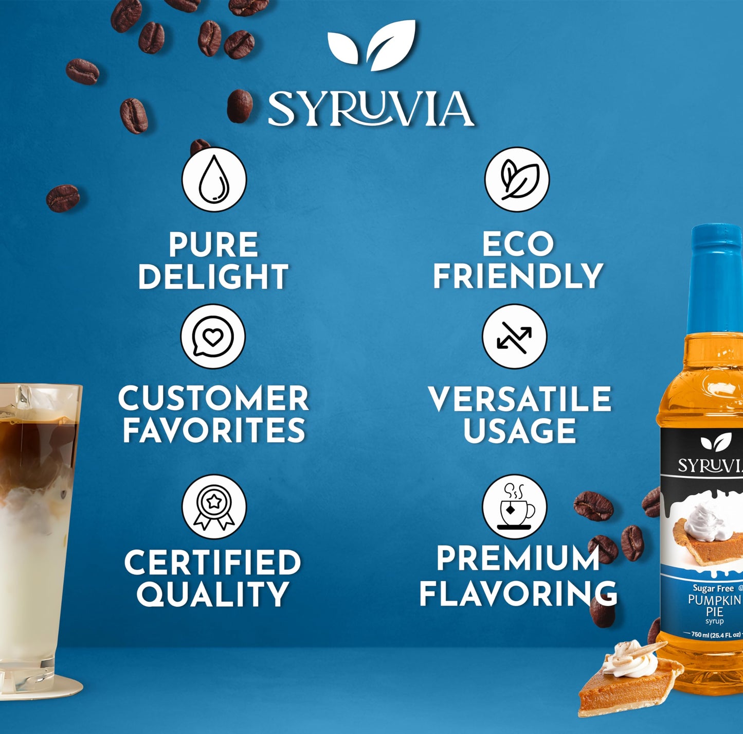 Syruvia Sugar-Free Pumpkin Pie Syrup - 25.4 Fl Oz. Premium Coffee Flavoring Syrup. 0 Calories, Kosher, And Gluten-Free. Ideal Fo