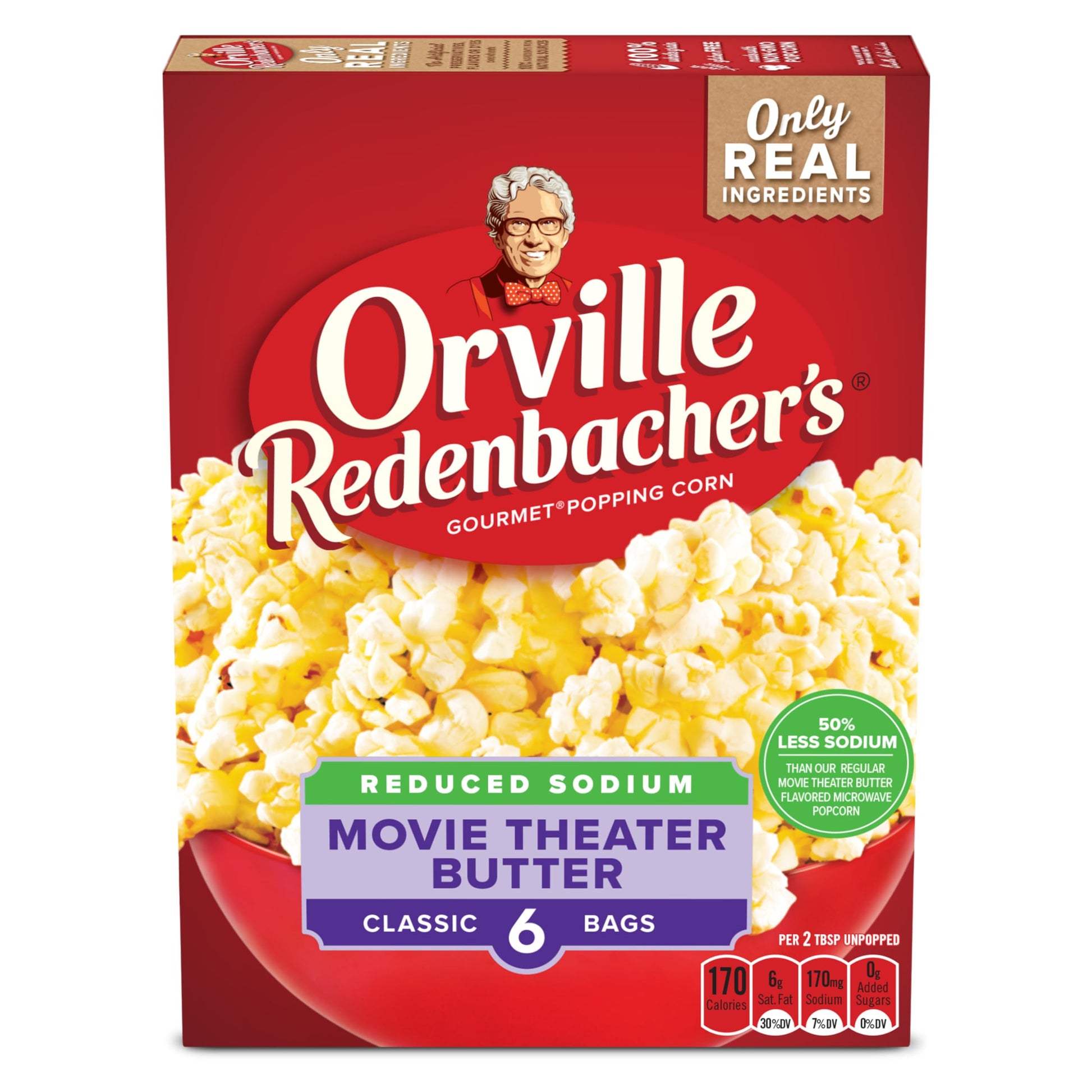 Orville Redenbachers Microwave Popcorn, Reduced Sodium Movie Theater Butter Flavor, 3g Fiber Per Serving, 19.74 oz., 6-Count