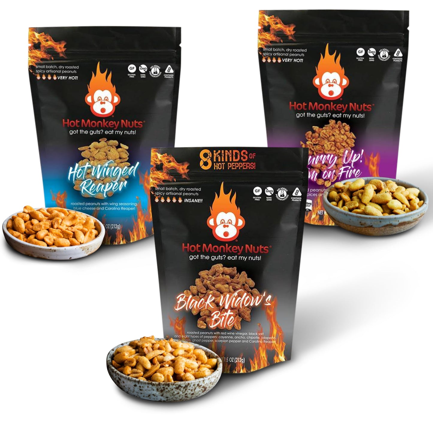 Hot Monkey Nuts Spicy Peanuts - 3-Pack with Black Widows Bite, Hot-Winged Reaper, and Curry Up! Flavors