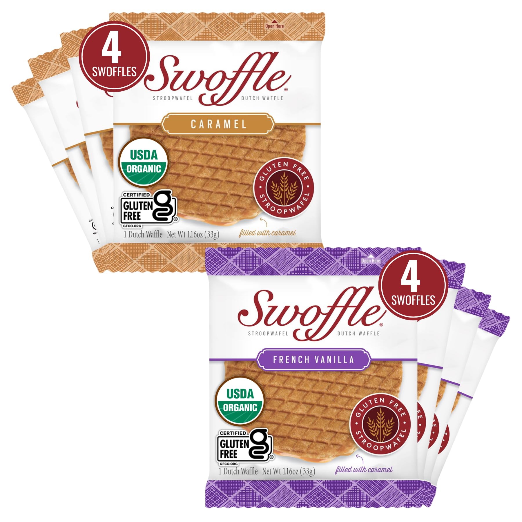 Gluten Free Certified Organic Stroopwafels by Swoffle - Caramel Filled & French Vanilla | (8) Individually Wrapped Waffles, (4) 
