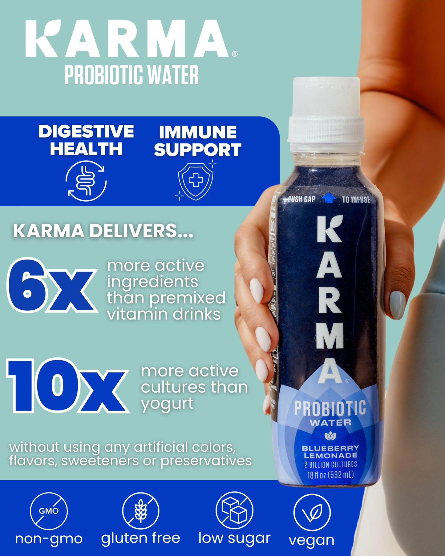 Karma Wellness Flavored Probiotic Water, Strawberry Lemonade, Immunity and Digestive Health Support, Low Calorie, 2 Billion Acti